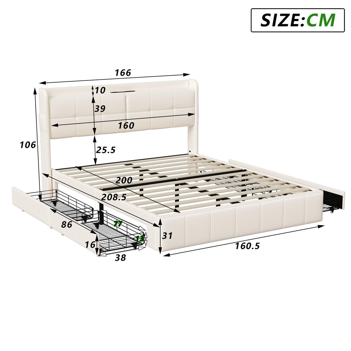 POLSTERBETT 160x200 cm, Weiß, mit USB, 4 Schubladen, LED - Weiß, Textil/Metall (140/200cm)
