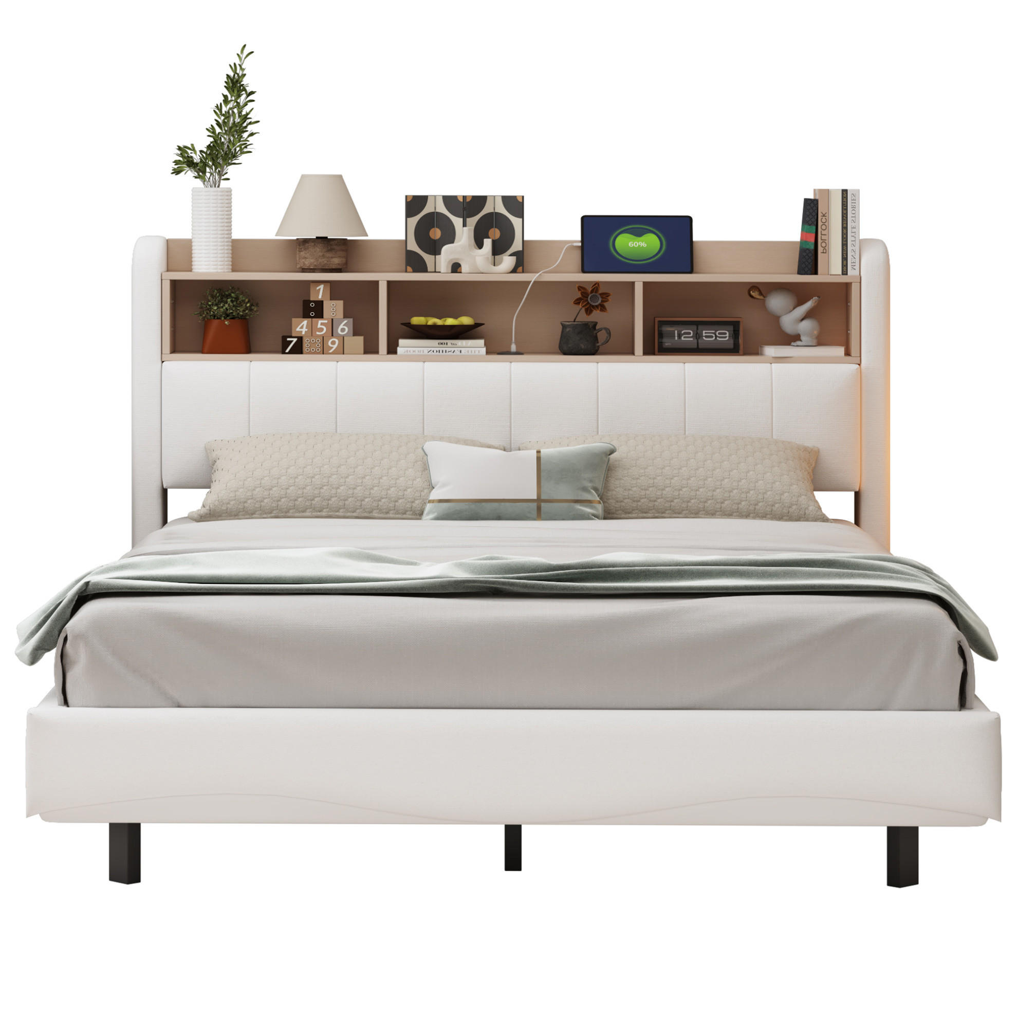 POLSTERBETT 160/200 cm mit LED-Beleuchtung, USB-C und gepolstertem Kopfteil - Beige, Textil (160/200cm) - BEAOK