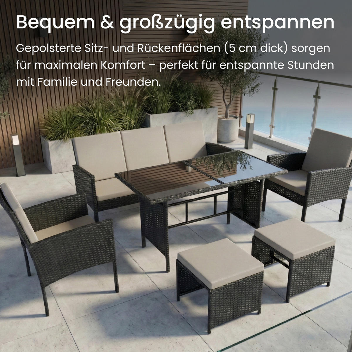 GARTENMÖBEL-SET mit 3-Sitzer Sofa, 2 Stühle, 2 Hocker mit graue Kissen - Grau, Metall - Home Collective