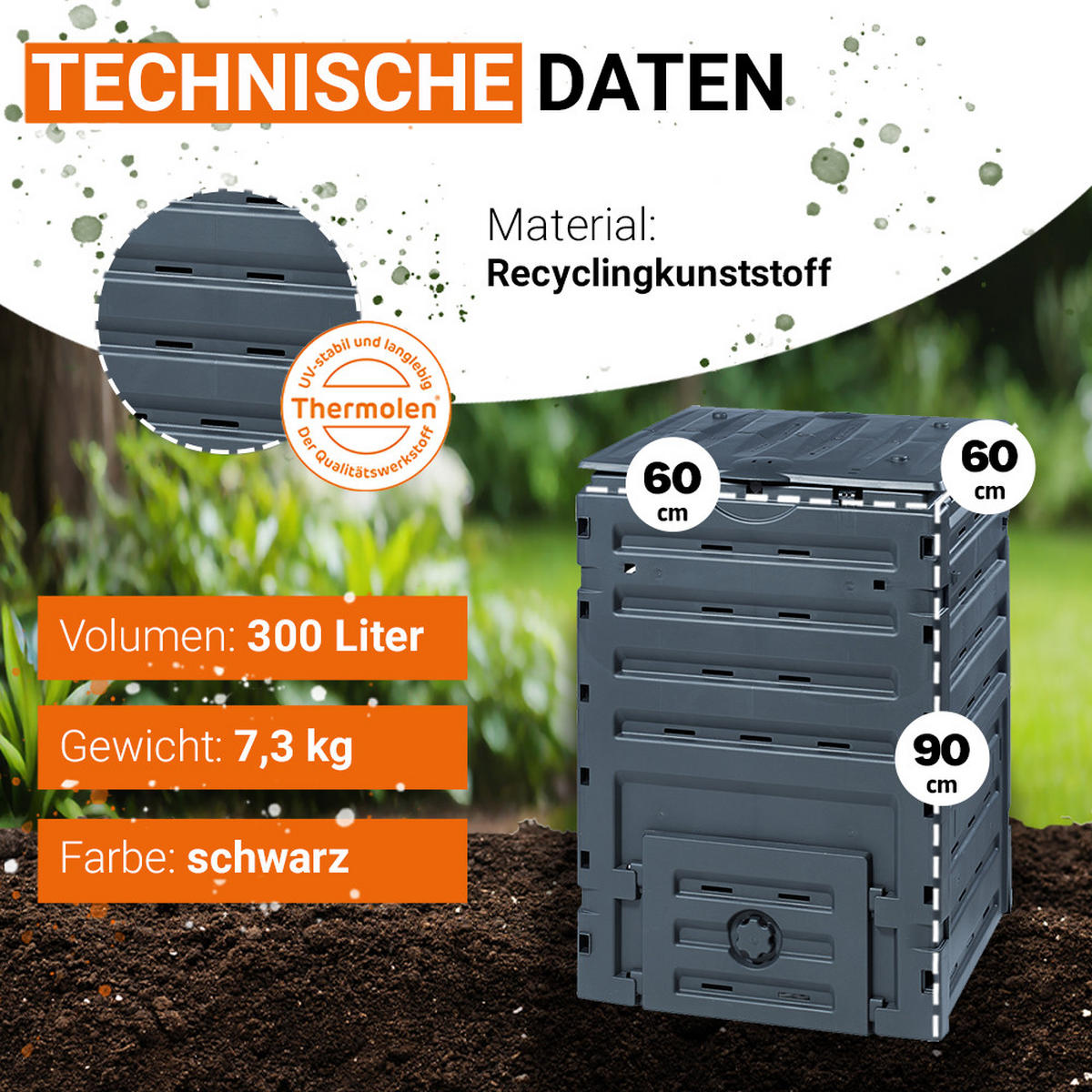 KOMPOSTER 300 L, schwarz - Schwarz, Kunststoff (60/90/60cm) - GARANTIA