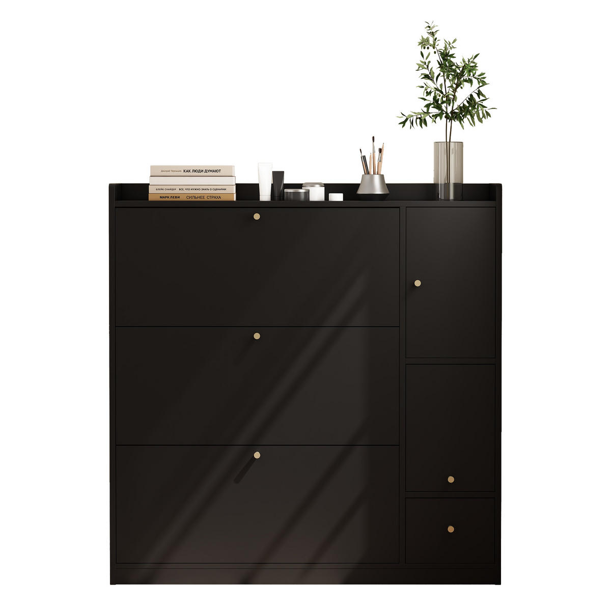 SCHUHSCHRANK mit Klappen 119/24/122 cm in Schwarz mit Sitzbank und Schublade - Schwarz, Holzwerkstoff (119/122/24cm) - BEAOK