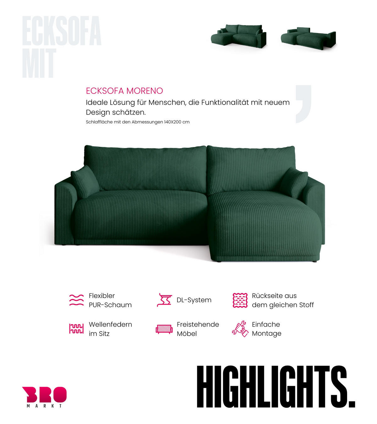 ECKSOFA MORENO mit Schlaffunktion Grün Cord - Dunkelgrün, Textil (262/160cm) - Bromarkt