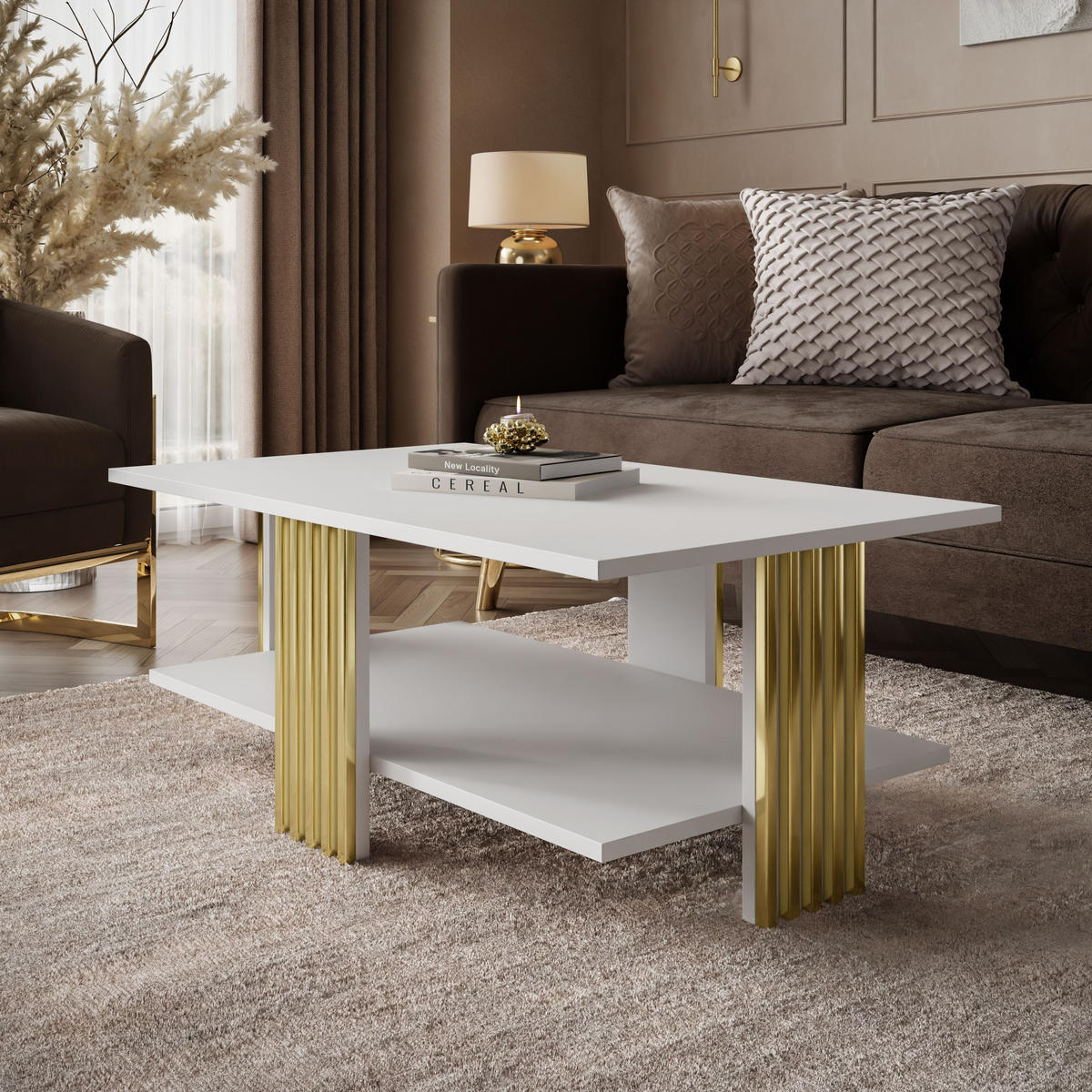 COUCHTISCH SAPHIRA GOLD mit Ablageboden, Weiß matt - Weiß, Holzwerkstoff (60/100/40cm) - Lookway