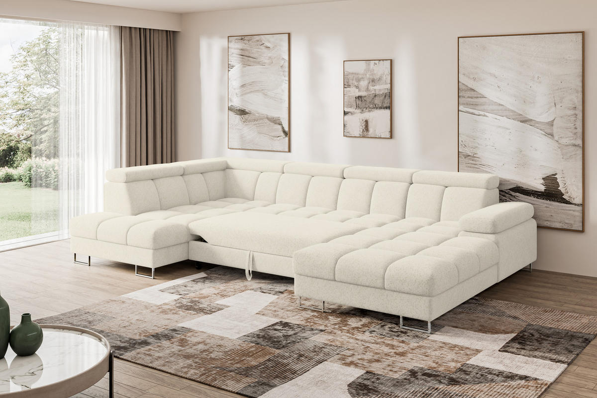 WOHNLANDSCHAFT mit Schlaffunktion und Bettkasten Ottomane Links COMA U 345x203x79 Creme Velours - Creme, Holzwerkstoff/Textil (345/79/203cm) - ALTDECOR
