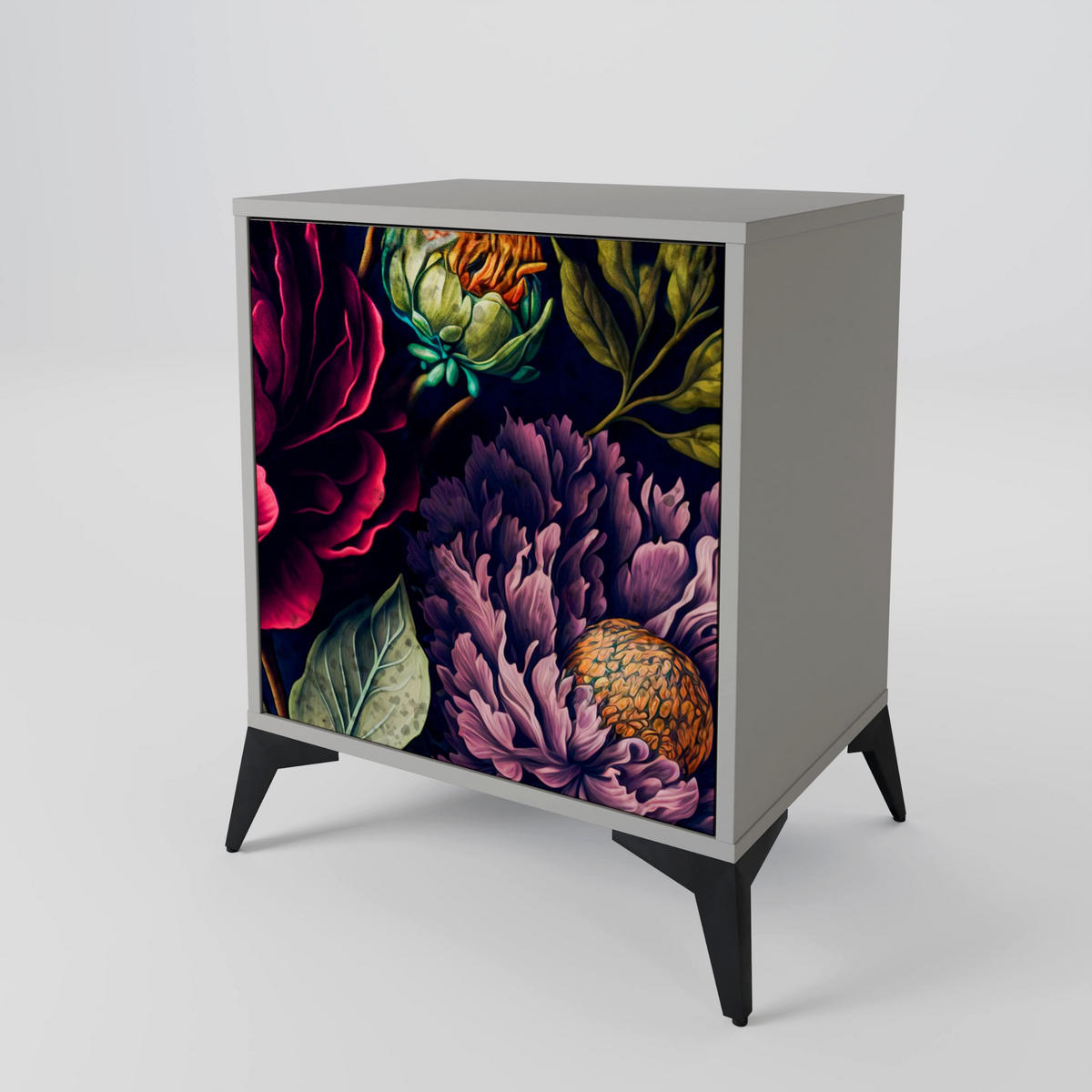 SIDEBOARD BLOOMING ELEGANCE, Grau, 57,5x42x72,5 cm, Schwarze Metallfüße - Multicolor/Schwarz, Holzwerkstoff/Metall (57.5/72.5/42cm) - SpaceRebels