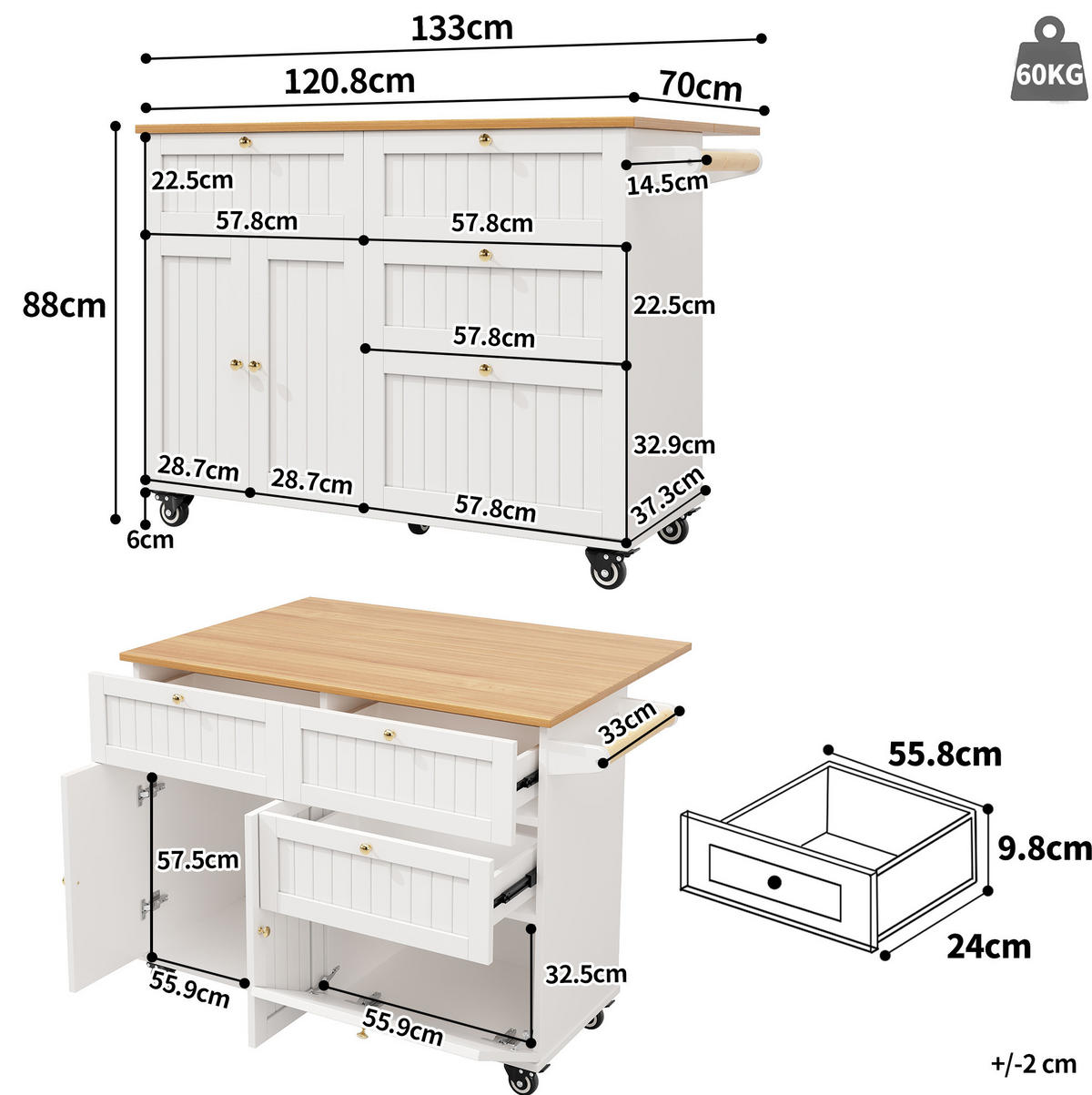 KÜCHENINSEL 133/70/88 cm Weiß aus MDF mit Klappfunktion - Weiß, Holzwerkstoff (37/88/133cm) - OKMYHOME