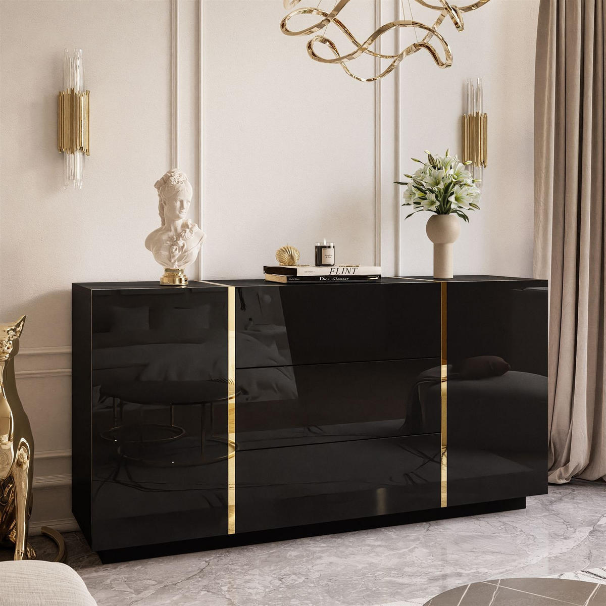 SIDEBOARD MIT SCHUBLADEN ONYX HOCHGLANZ 158 CM PUSH OPEN - Schwarz, Holzwerkstoff (158/81/41.3cm) - Lookway