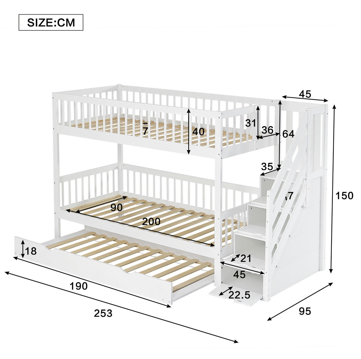 ETAGENBETT 90/200 cm in Weiß mit Rollbett und Leiterschrank - Weiß, Holz (90/200cm) - Flora Grace