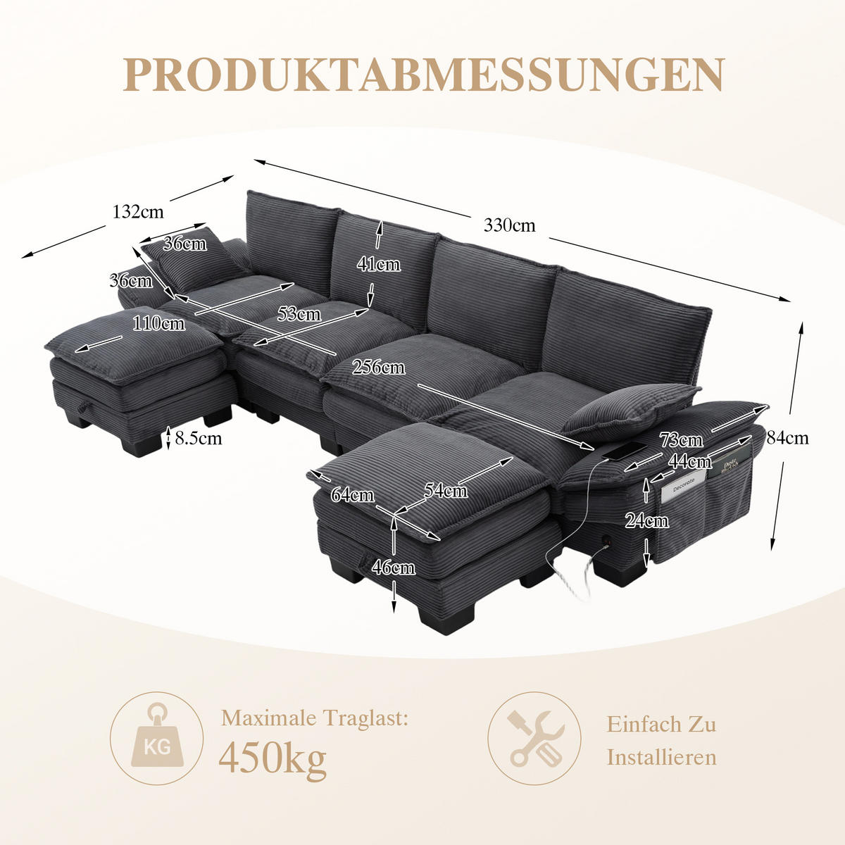 WOHNLANDSCHAFT Cord Dunkelgrau mit 2 Hockern, USB-C und Seitentaschen - Dunkelgrau, Holzwerkstoff/Kunststoff (330/84/132cm) - WISHDOR