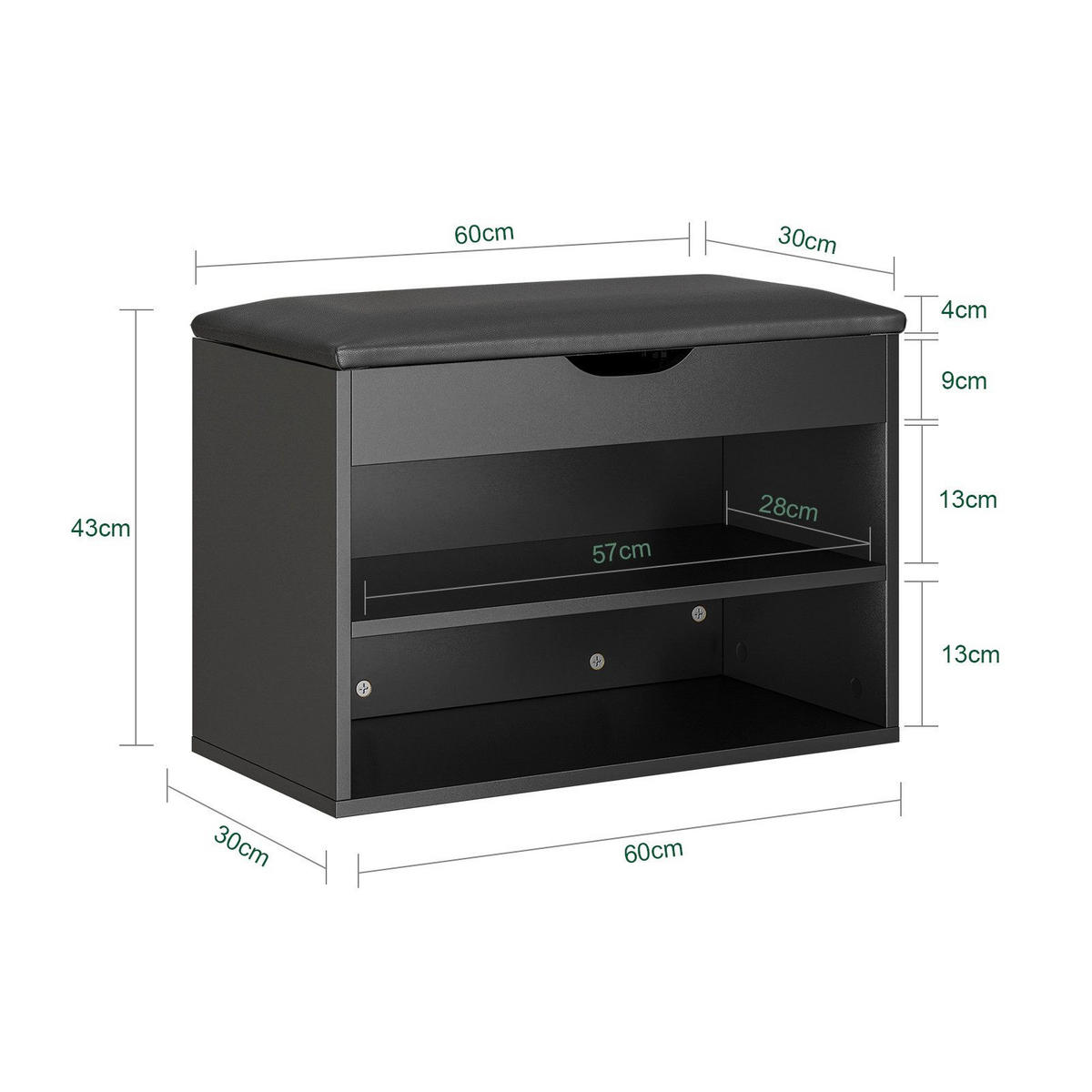 SCHUHBANK mit 2 Ablagen und Sitzkissen Schwarz 60x30x43cm - Schwarz, Holzwerkstoff (30/43/60cm) - SoBuy