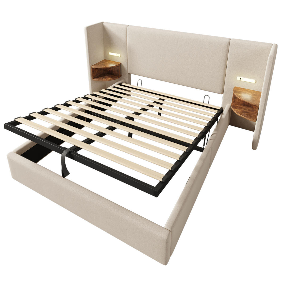 POLSTERBETT 160/200 cm Beige aus Leinen mit Stauraum - Beige, Textil (160/200cm) - OKMYHOME