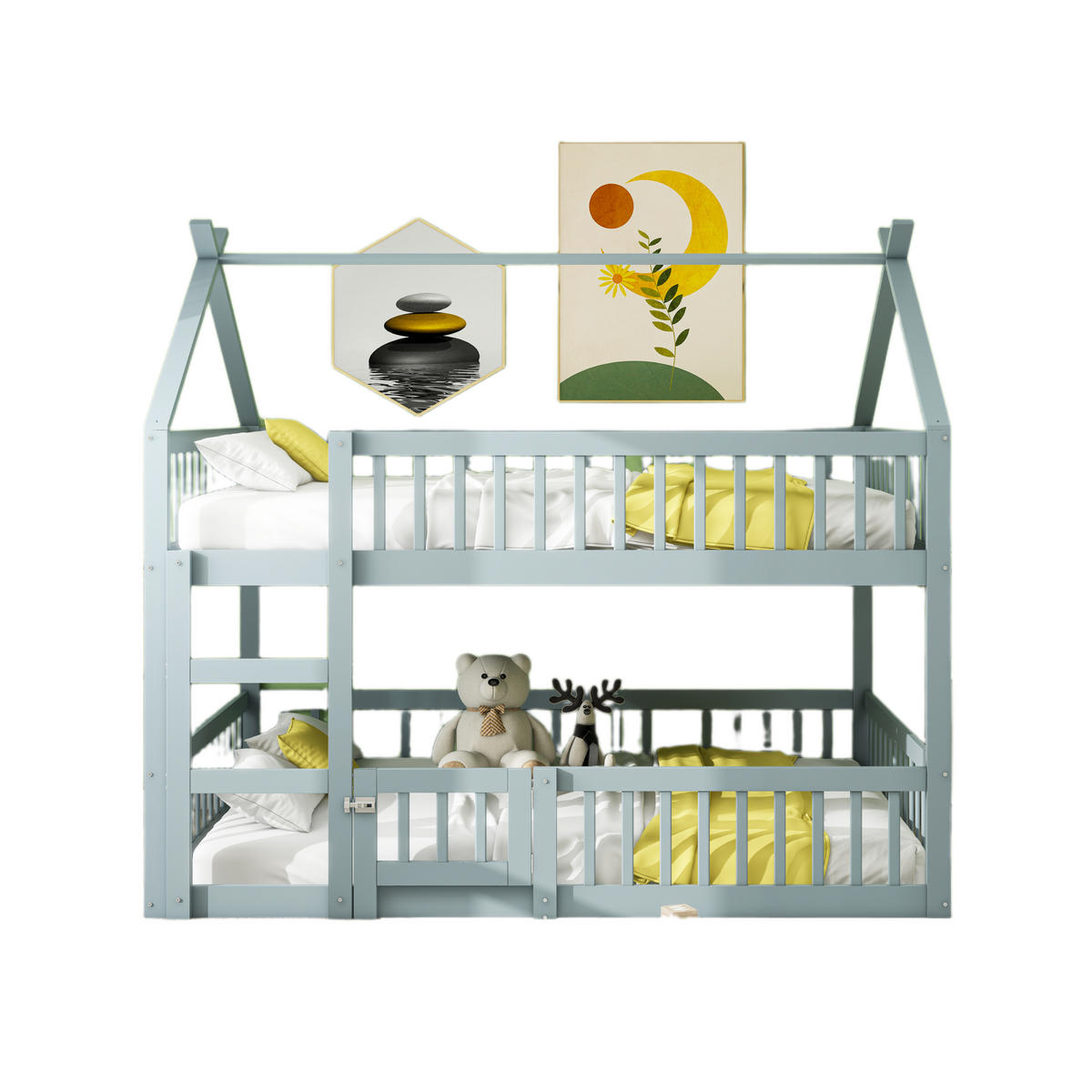 ETAGENBETT 140/200 cm Grau Massivholz mit Treppe und Hochsicherheitzaund - Grau, Holz (140/200cm) - OKWISH