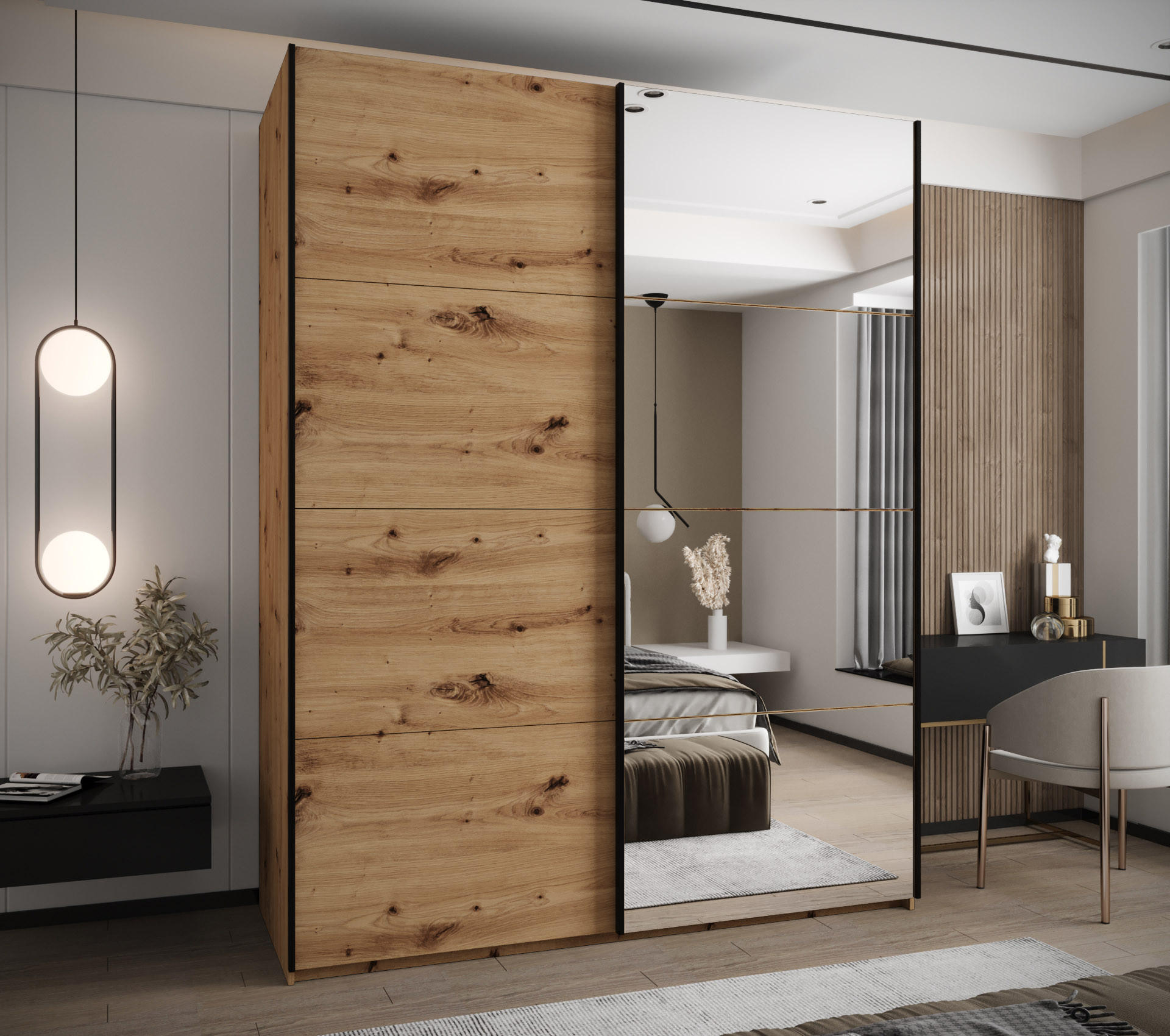 SCHWEBETÜRENSCHRANK 245,5/190/64 2-türig - Schwarz/Eiche Artisan, Holz/Metall (190/245/64cm) - Abiks Möbel