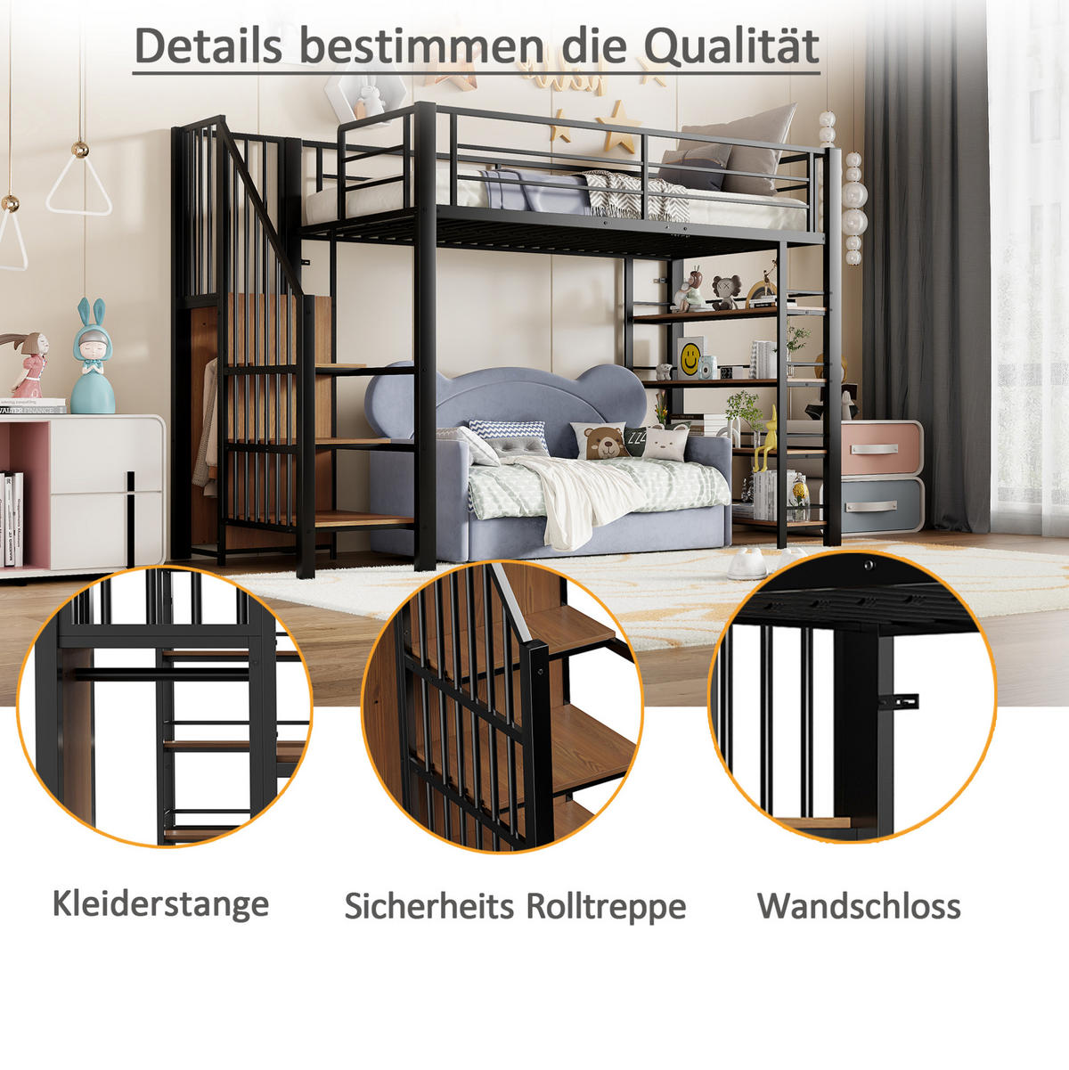 HOCHBETT 90/200 cm aus Metall mit Stauraum und Kleiderschrank in Schwarz - Schwarz, Metall (90/200cm) - Flora Grace