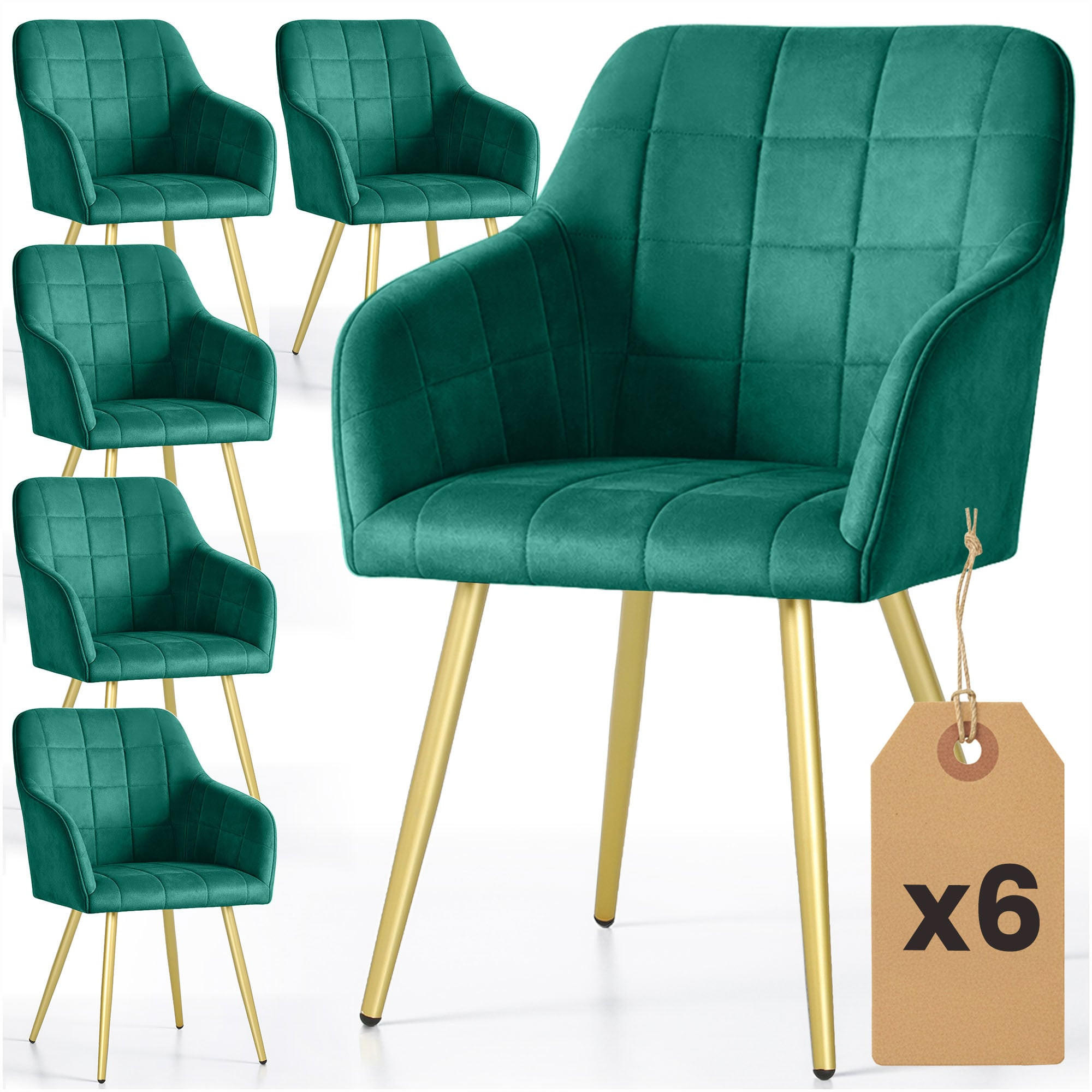 SCAUN tapitat, set de 6 bucati, picioare metalice verde, aur 54/82/58
