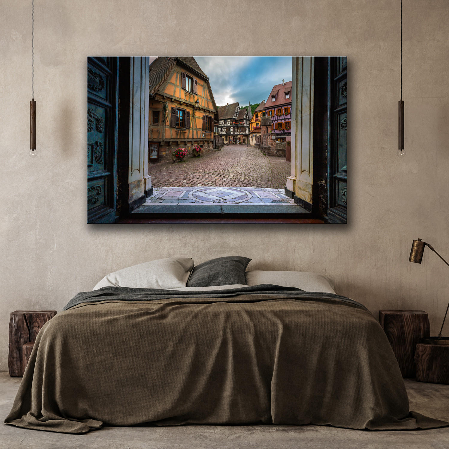 WANDBILD ansicht alter häuser in bayern vintage - Braun, Textil (60/40cm) - Feeby