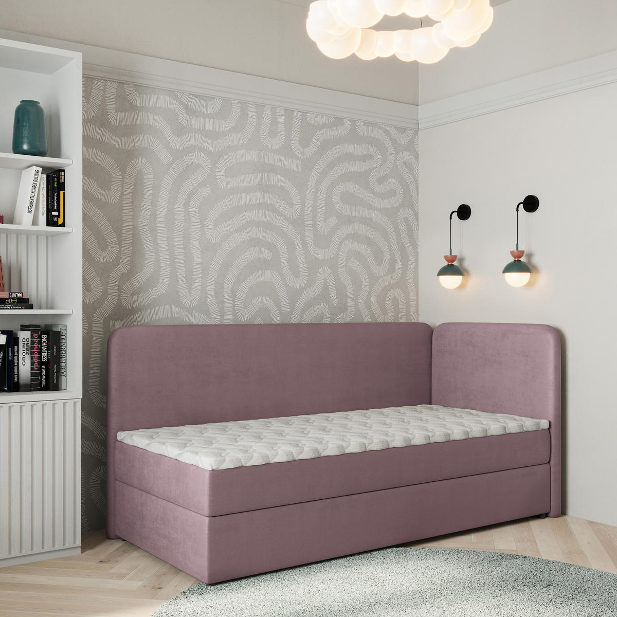 BOXBETT GINA 90x200 cm mit Matratze und Topper, H2+H3 - Rosa - Rosa, Holz (90/200cm) - MASSENO