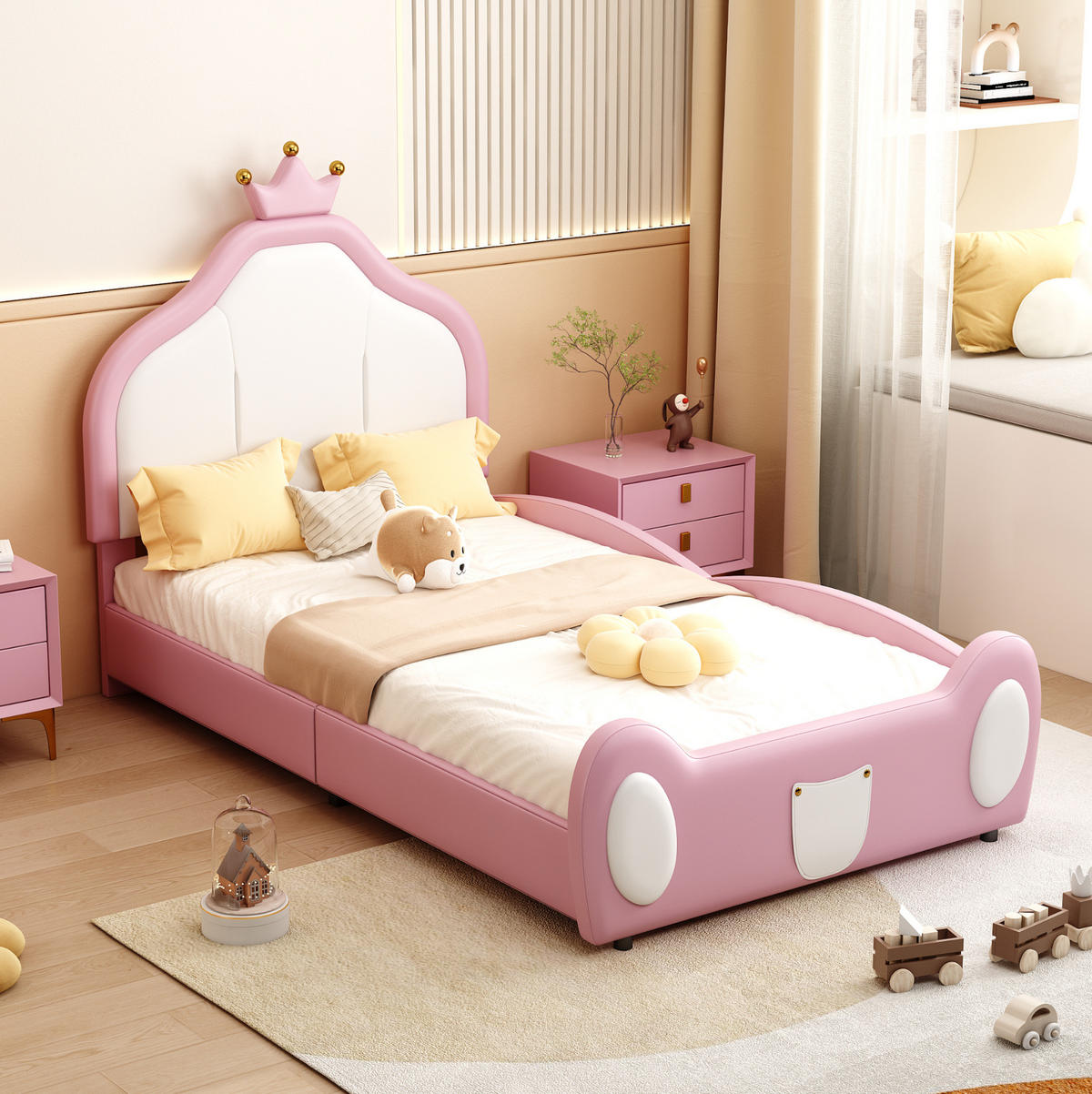 KINDEREINZELBETTEN aus Kunstleder 90x200 cm in Rosa mit Kronen-Kopfteil - Rosa, Leder (90/200cm) - Modfu