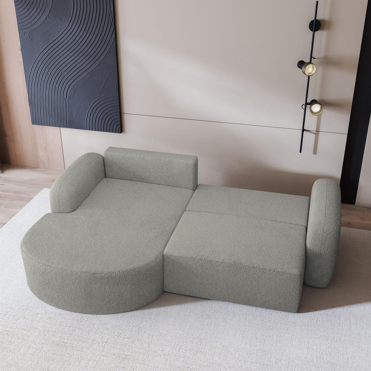 ECKSOFA AMILIA L-S Hellgrau Boucle-Stoff mit Schlaffunktion - Hellgrau, Holz (263/174cm) - MASSENO