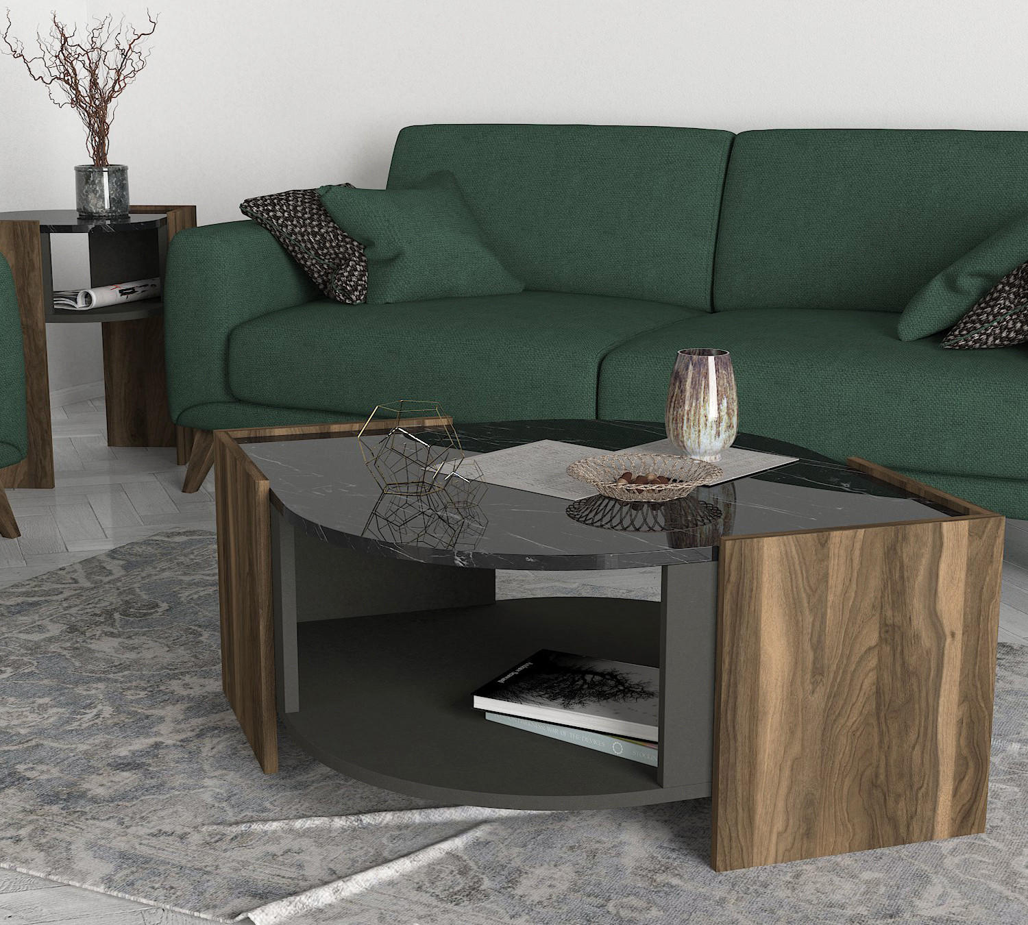 Thumbnail - moebel17 Couchtisch, Walnuss, Anthrazit, Holzwerkstoff, Marmor Optik, Holz Optik, Freiform,Freiform, 75x40x75 cm, Wohnzi...