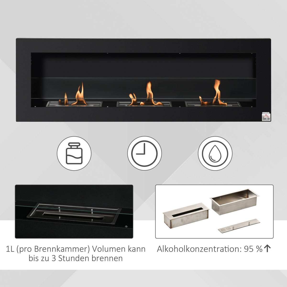 ETHANOL-KAMIN, 3 Brennboxenm, 2000W, kein Rauch, Stahl, gehärtetes Glas, Schwarz - Schwarz, Metall (15/40/120cm) - HOMCOM