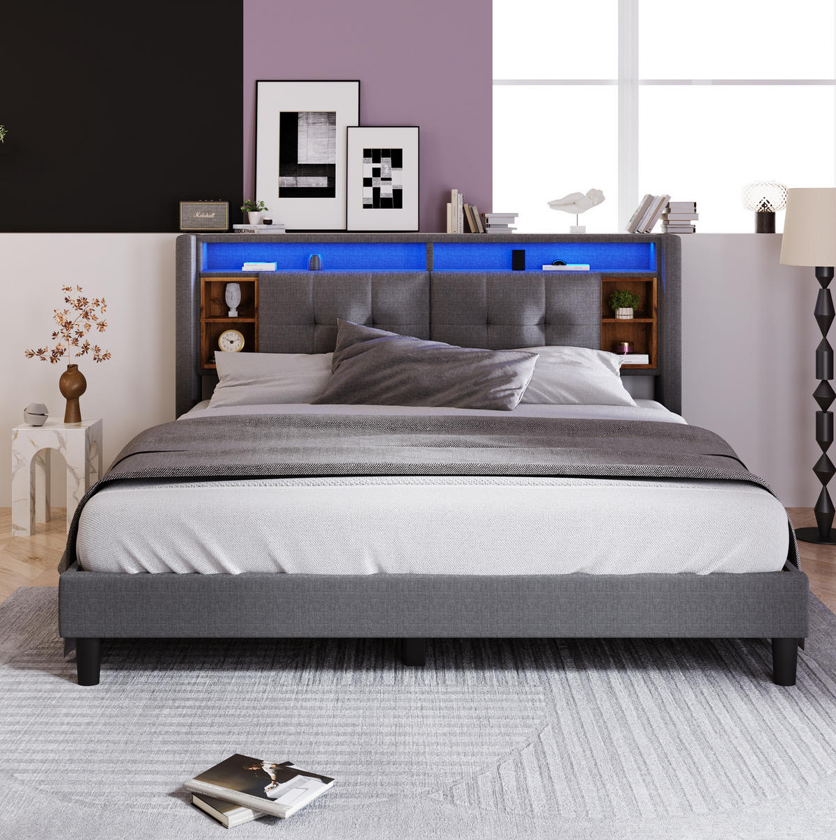 POLSTERBETT mit Stauraum-Kopfteil USB und LED 140x200 cm Grau inkl. Matratze - Grau, Holz (140/200cm) - Meubliv