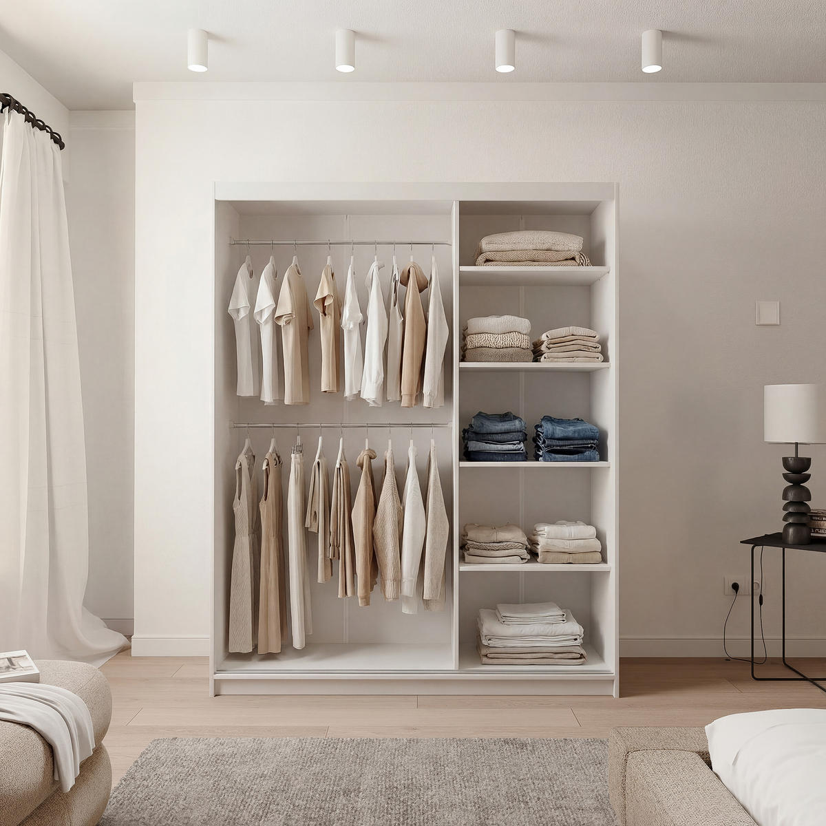SCHIEBETÜRENSCHRANK SILENTE 160 cm mit Einlegeböden und Kleiderstange - Weiß, Holzwerkstoff (160/205/60cm) - Idohome