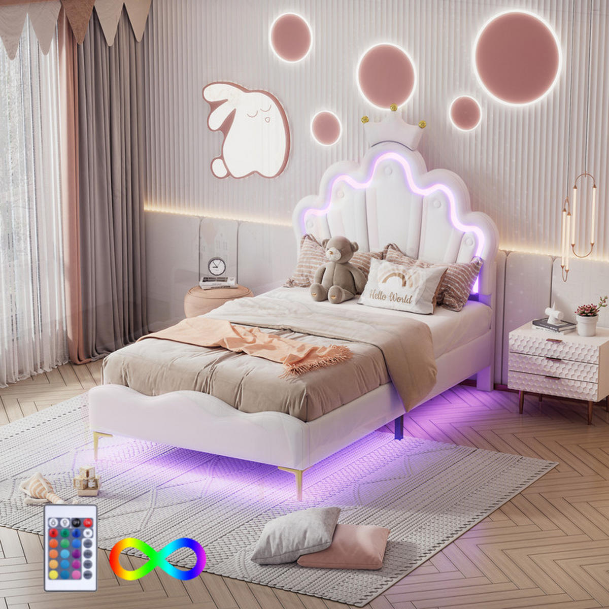 KINDERBETT 90x200 cm, mit LED-Lichtleiste und Lattenrost, PU, Weiß, ohne Matratze - Weiß, Holz (90/200cm) - WoodenAura