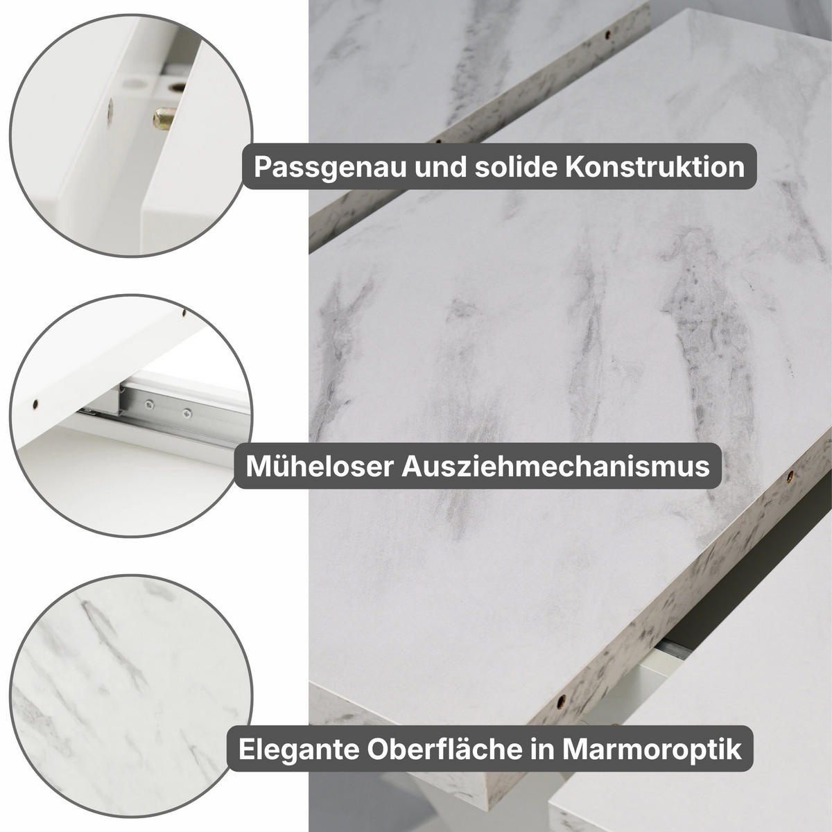 ESSTISCH Ausziehbar von 140 bis 180 cm in Weißen Marmor-Optik - Weiß Hochglanz, Holzwerkstoff (80/180/75cm) - Home Collective
