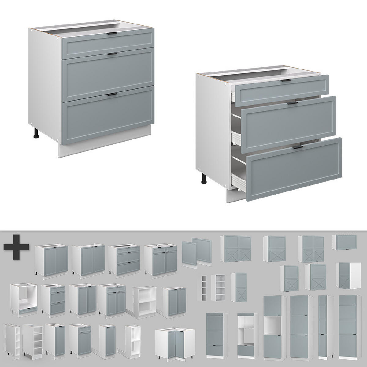KÜCHENUNTERSCHRANK Fame-Line Hellblau-grau 80 cm mit 3 Schubladen AP Marmor - Blaugrau/Weiß, Holzwerkstoff (80/82/60cm) - Vicco