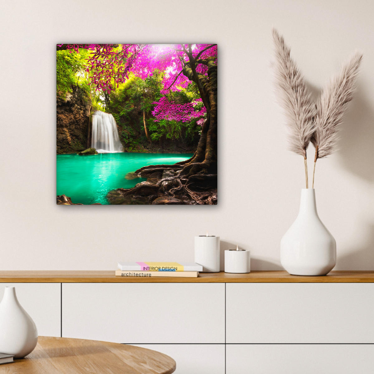 LEINWANDBILD Wasserfall mit bunten Blumen und Bäumen - Natur - Dschungel Wandbild Wohnzimmer 50x50 cm - Waldgrün, Textil (50/50cm) - MuchoWow