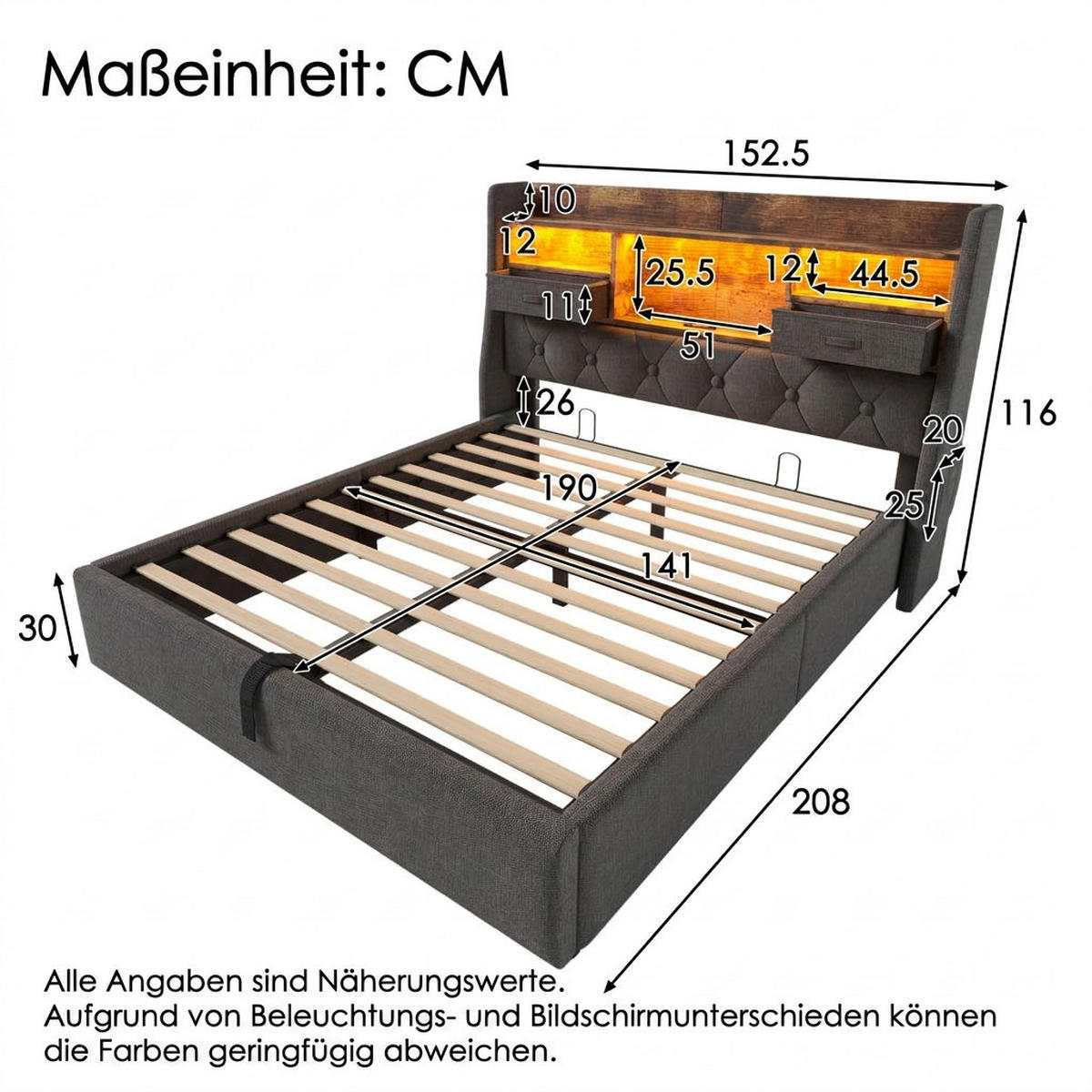 POLSTERBETT 140/190 cm Grau mit 2 Schubladen, LED-Beleuchtung und hydraulischer Stauraumfunktion - Grau, Textil (140/190cm) - Oxeza