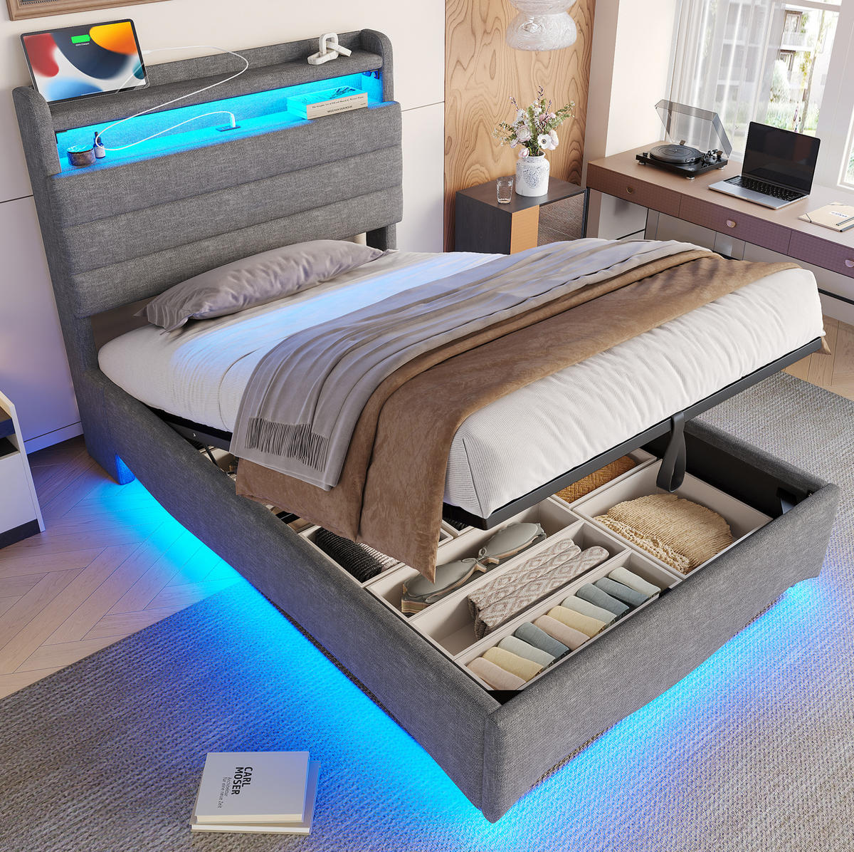 POLSTERBETT 90/200 cm Grau aus Leinen mit LED-Beleuchtung und Stauraum - Grau, Textil (90/200cm) - OKMYHOME