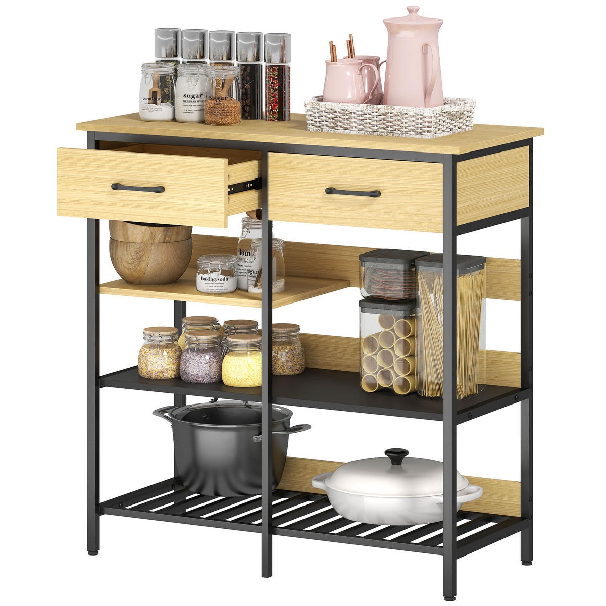 SIDEBOARD DE-08700 2 Schubladen & 3 offene Regale Naturholz - Naturfarben, Holzwerkstoff (90/91/40cm) - ComfortXL