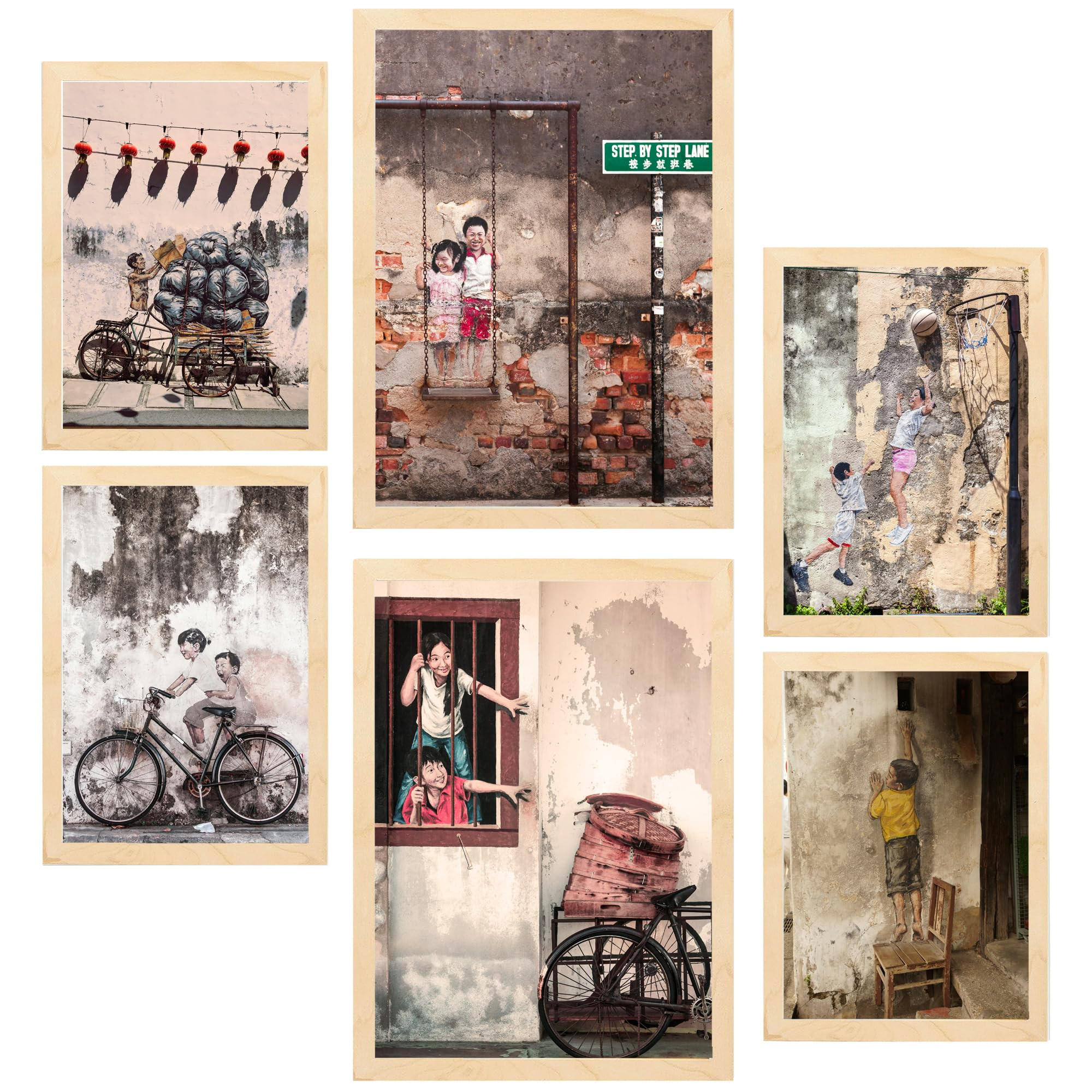 POSTER Set Mit 6 Graffiti Straßenkunst Bunte Schablone Vietnam A3 & A4 Rahmen Aus Hellem Holz - Beige, Papier (29/3cm) - Nacnic