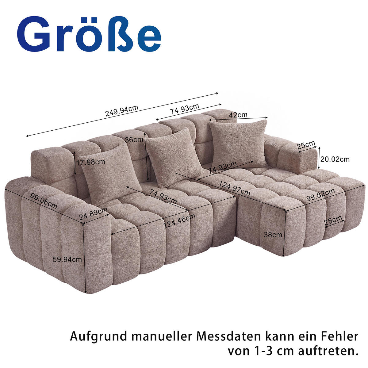 ECKSOFA 249,94x99,82x74,93 cm Kaffeebraun aus Samt mit Schaumstoffpolsterung, Ottomane und Vakuumverpackung - Kastanienfarben, Textil (99.9/249.9cm) - Modfu