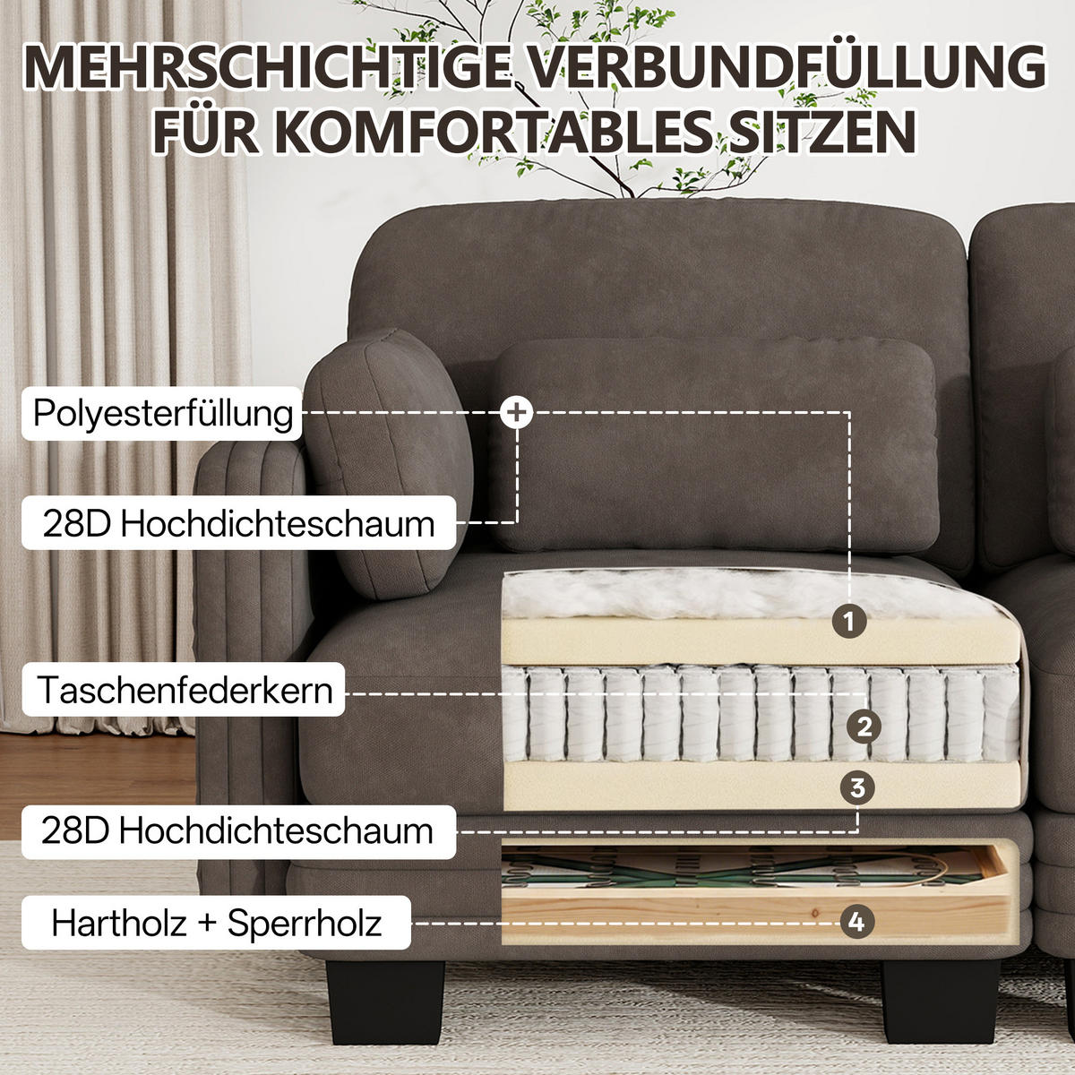 3-SITZER-SOFA Chenille mit Lenden- und Armkissen, DE-42686, Braun - Braun, Holz (253/88/88cm) - ComfortXL