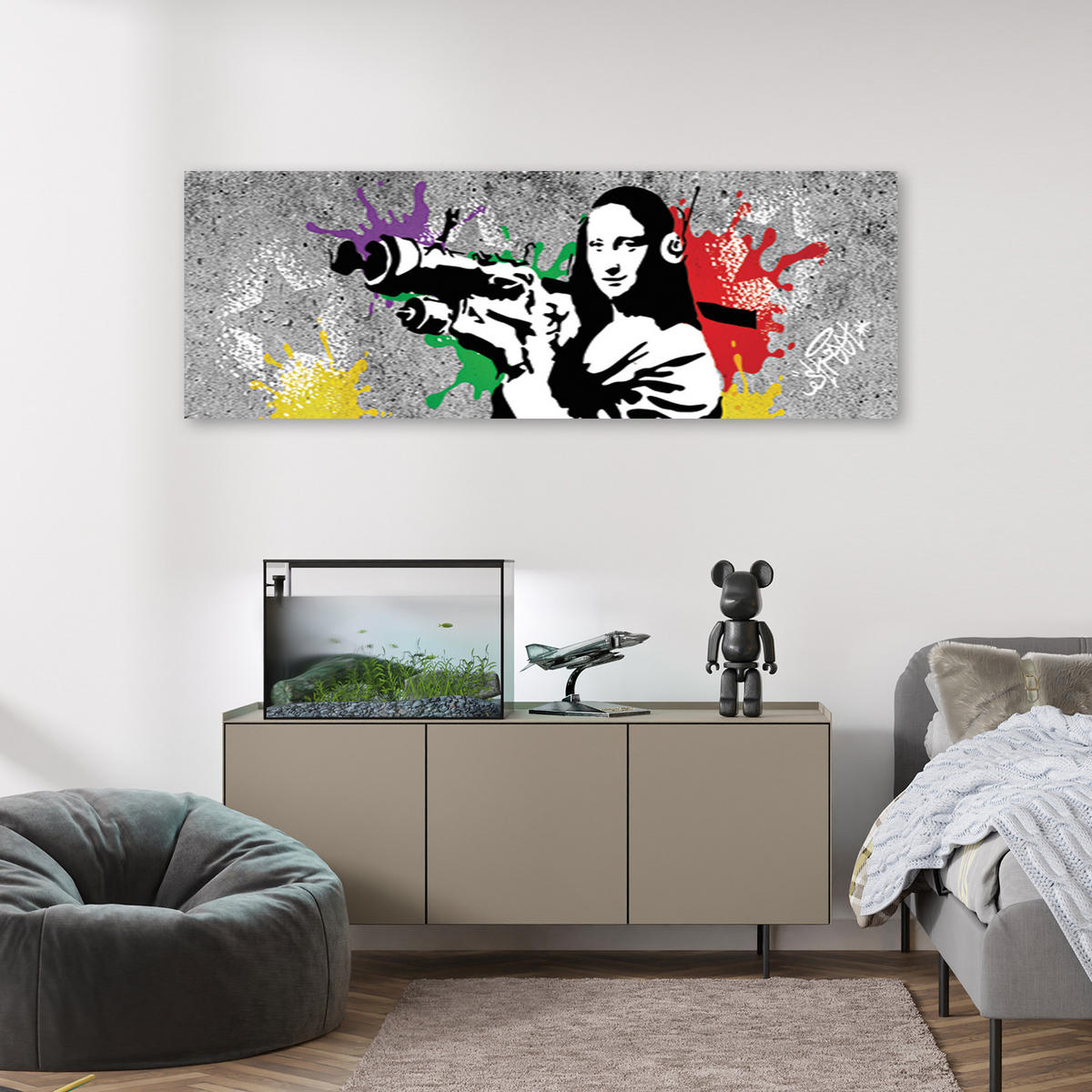 LEINWANDBILD Banksy Mona Lisa und die Bazooka 90x30cm - Grau, Textil (90/30cm) - Feeby