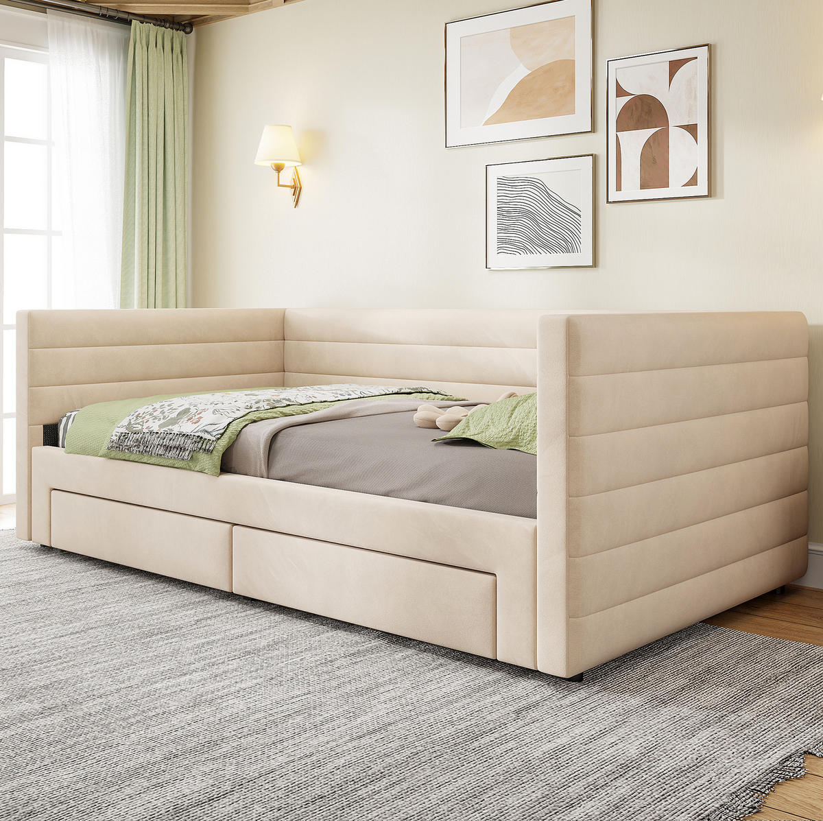 TAPECIRANI krevet od pamuka i lana 90x190 cm bež s izvlačnim ležajem i 2 ladice - bež, tekstil (90/190cm) - Modfu