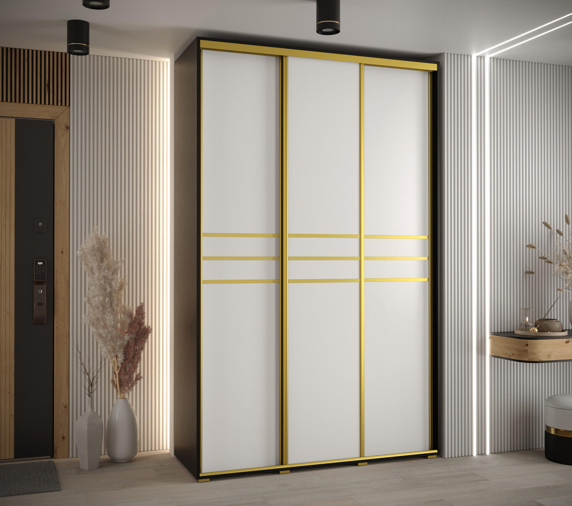 SCHWEBETÜRENSCHRANK 235,2/160/60 3-türig - Goldfarben/Schwarz, Holz/Metall (160/235/60cm) - Abiks Möbel