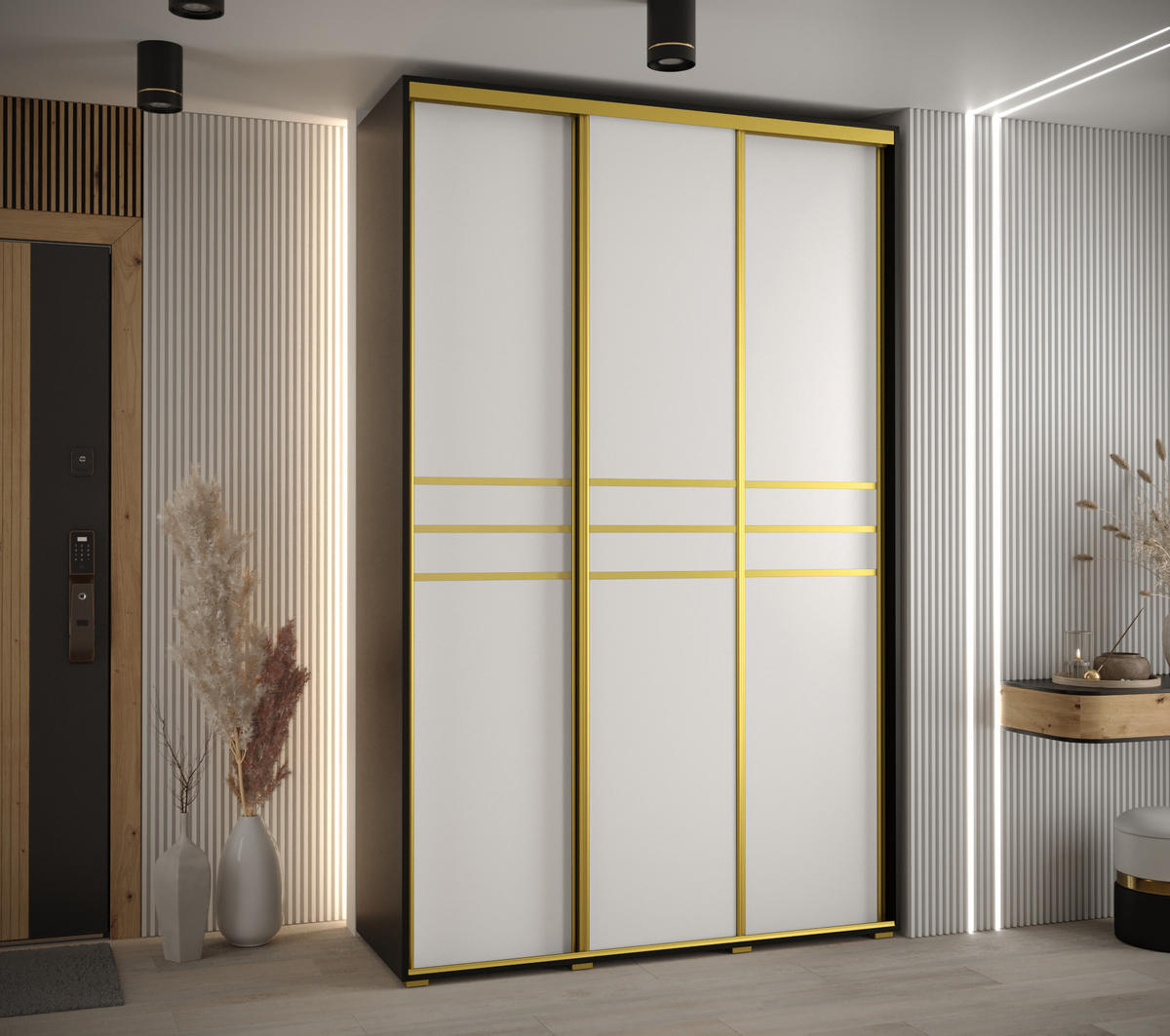 SCHWEBETÜRENSCHRANK 235,2/160/60 3-türig - Goldfarben/Schwarz, Holz/Metall (160/235/60cm) - Abiks Möbel