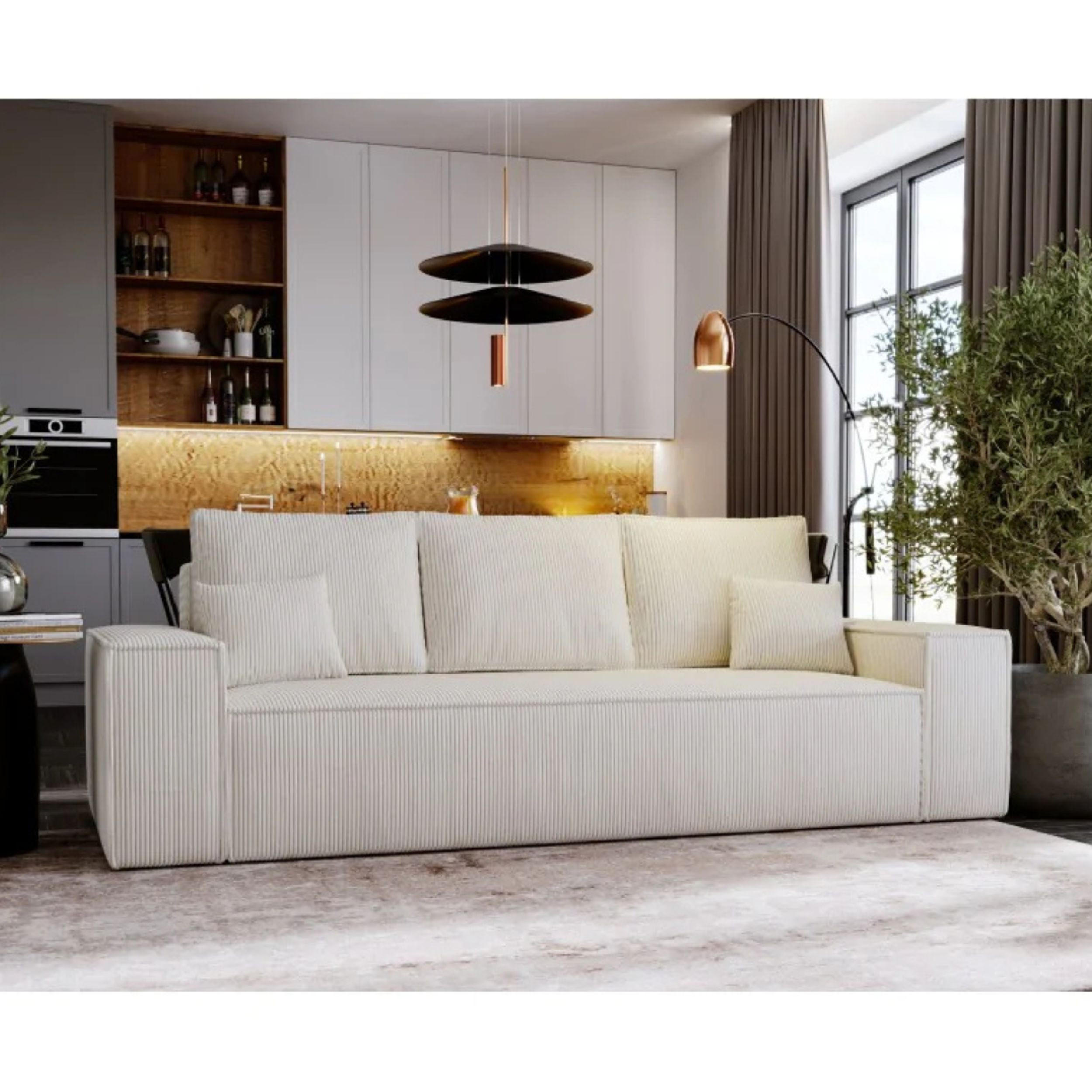 SCHLAFSOFA AGA, Sofa mit Schlaffunktion und Bettkasten, Farbe: Beige, Cordstoff - Beige, Textil (256/94/97cm) - Sepro Meble