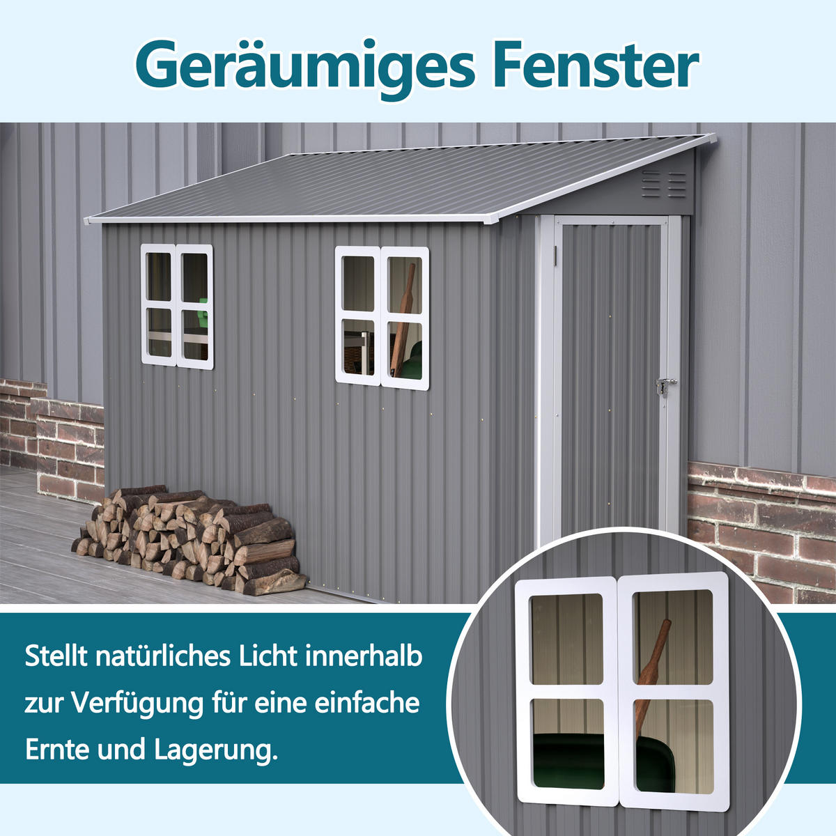 GARTENHAUS aus Metall 291x110.8x188.6 cm in Grau mit Doppeltür & 2 Fenstern - Grau, Metall (110.8/188.6/291cm) - Modfu