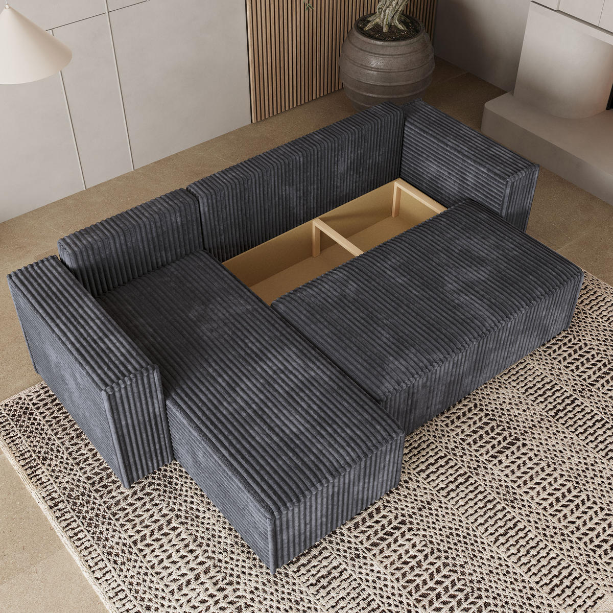 ECKSOFA RAVELO T Graphitfarben Kordstoff mit Schlaffunktion - Graphitfarben/Grau, Holz/Kunststoff (240/140cm) - MASSENO