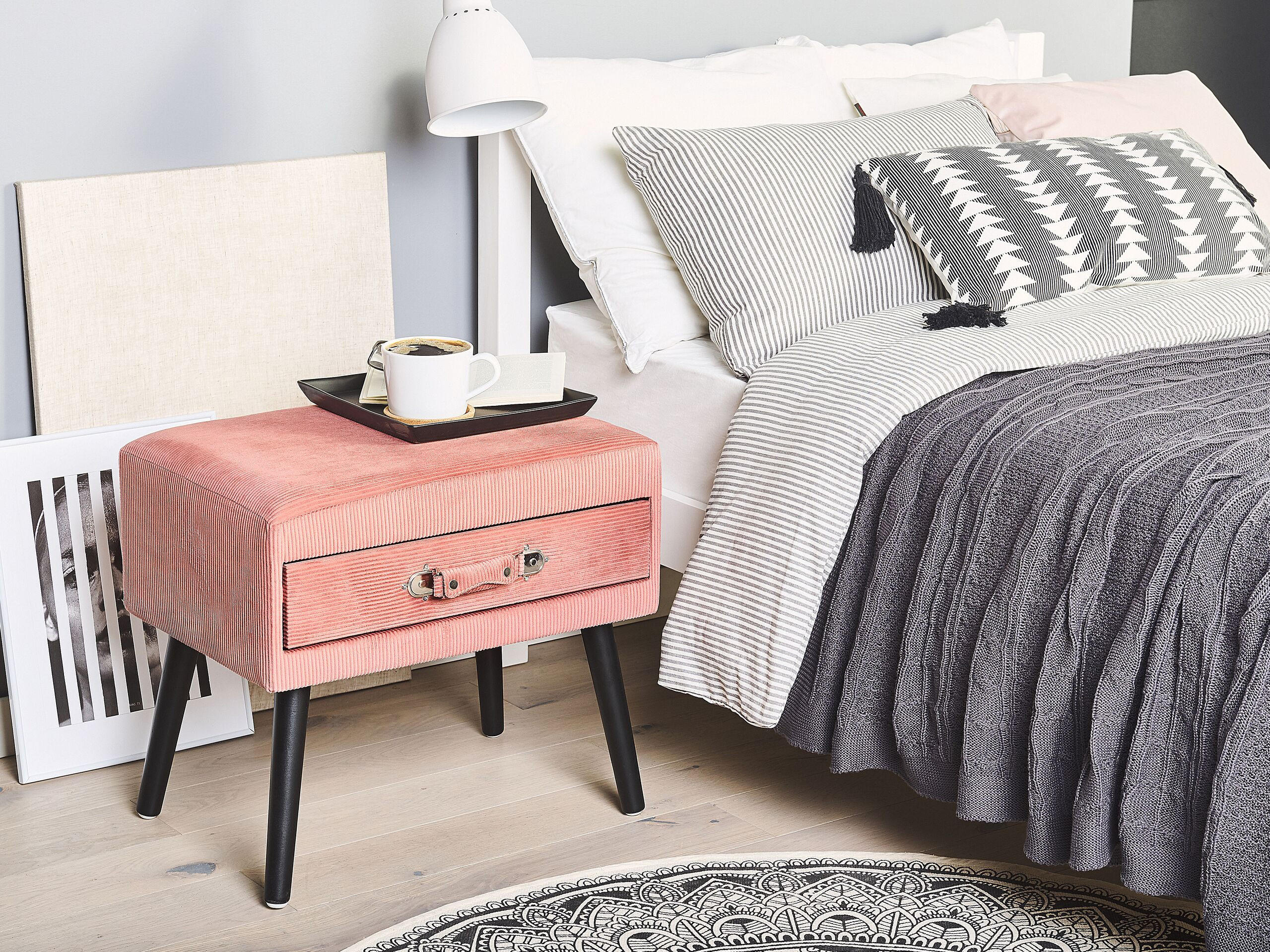 NACHTTISCH rosa Cord Koffer-Design Eurostar - Pink/Schwarz, Textil (50/46/35cm) - Beliani