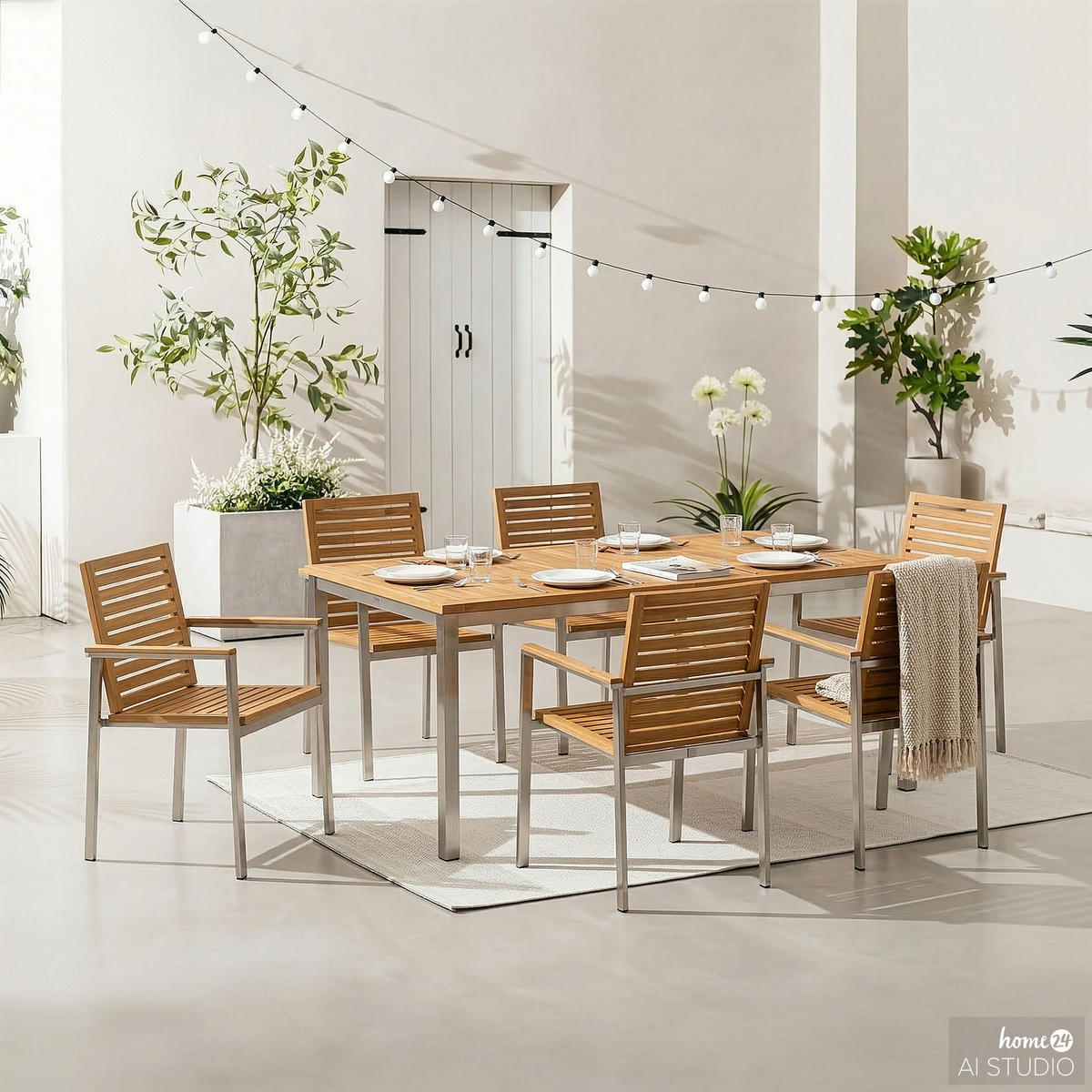 ESSGRUPPE - Teak massiv / Edelstahl - 7-teilig - Silberfarben/Braun, Holz/Metall - home24