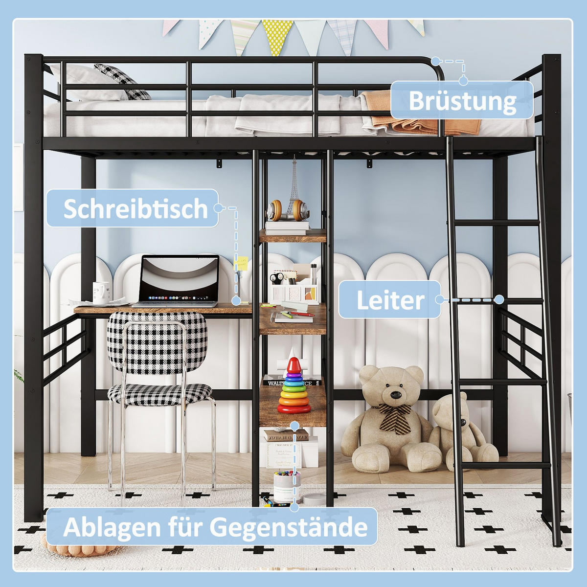 HOCHBETT 90x200cm mit Schreibtisch in Schwarz Metall - Schwarz, Metall (90/200cm) - KOMHTOM