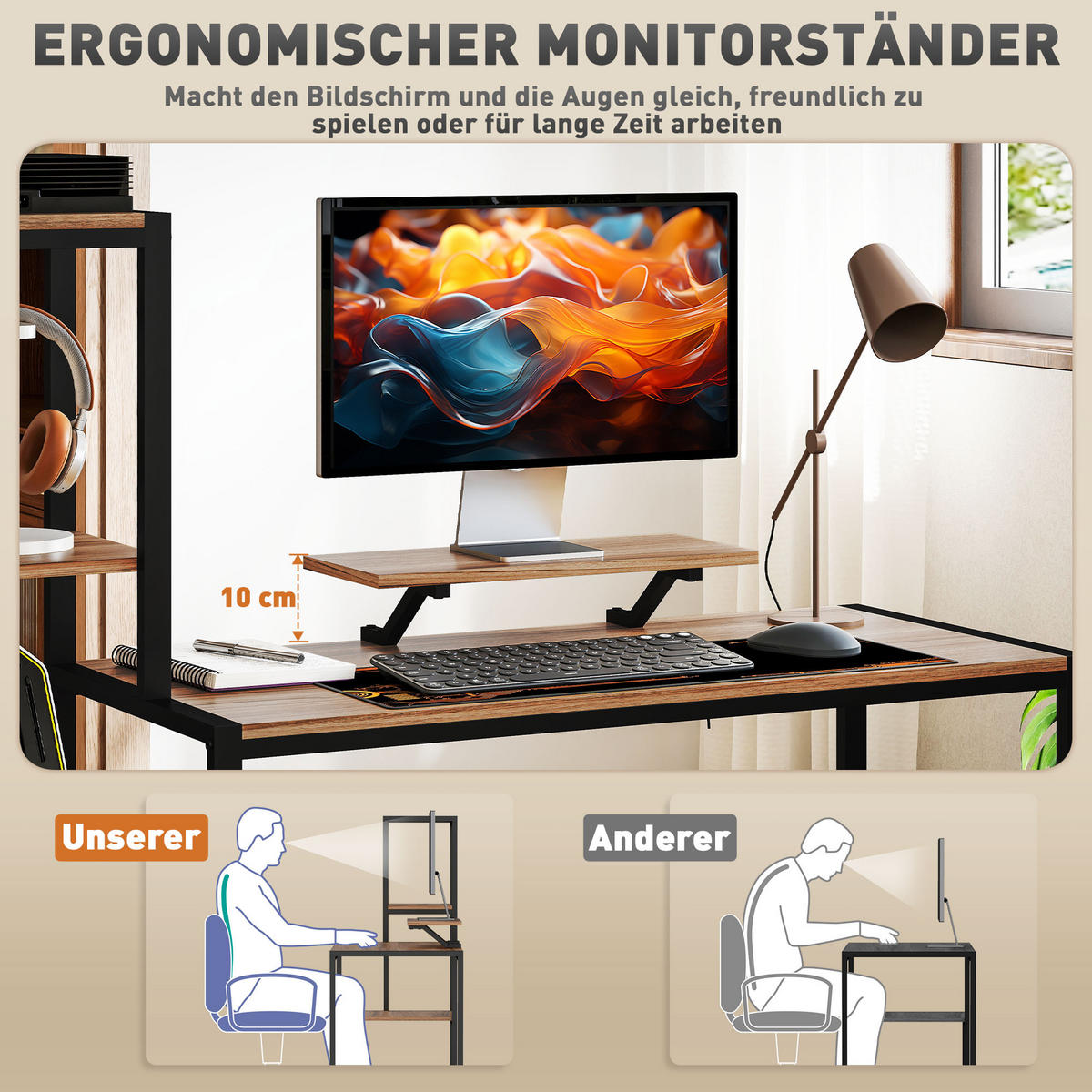 SCHREIBTISCH Computertisch mit Monitorständer, CPU-Ständer, 150 x 48 x 125 cm, Braun - Braun, Holzwerkstoff (150/48/125cm) - HOMCOM