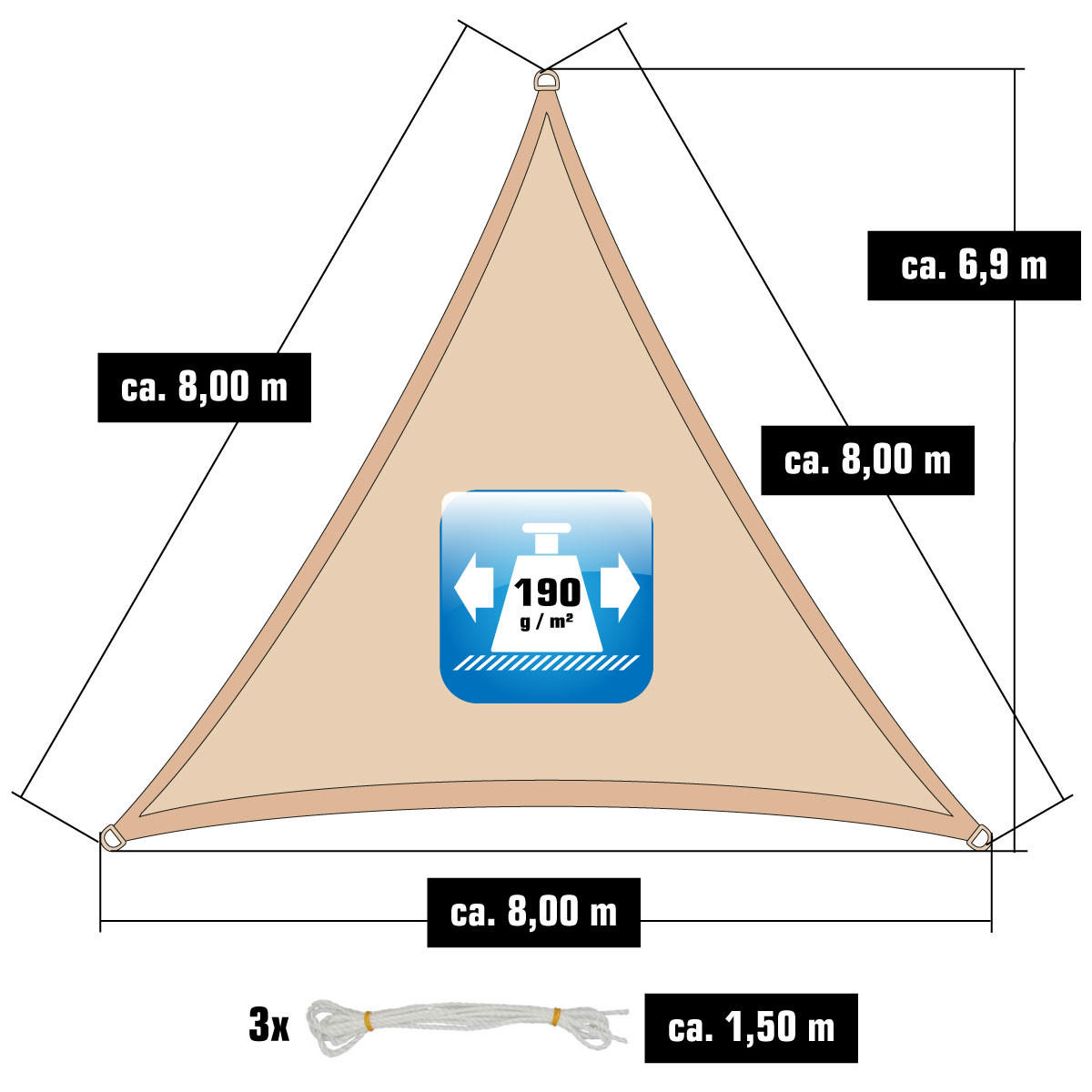 SONNENSEGEL 800/800 cm beige, dreieckig - Beige, Kunststoff (800/800cm) - Amanka