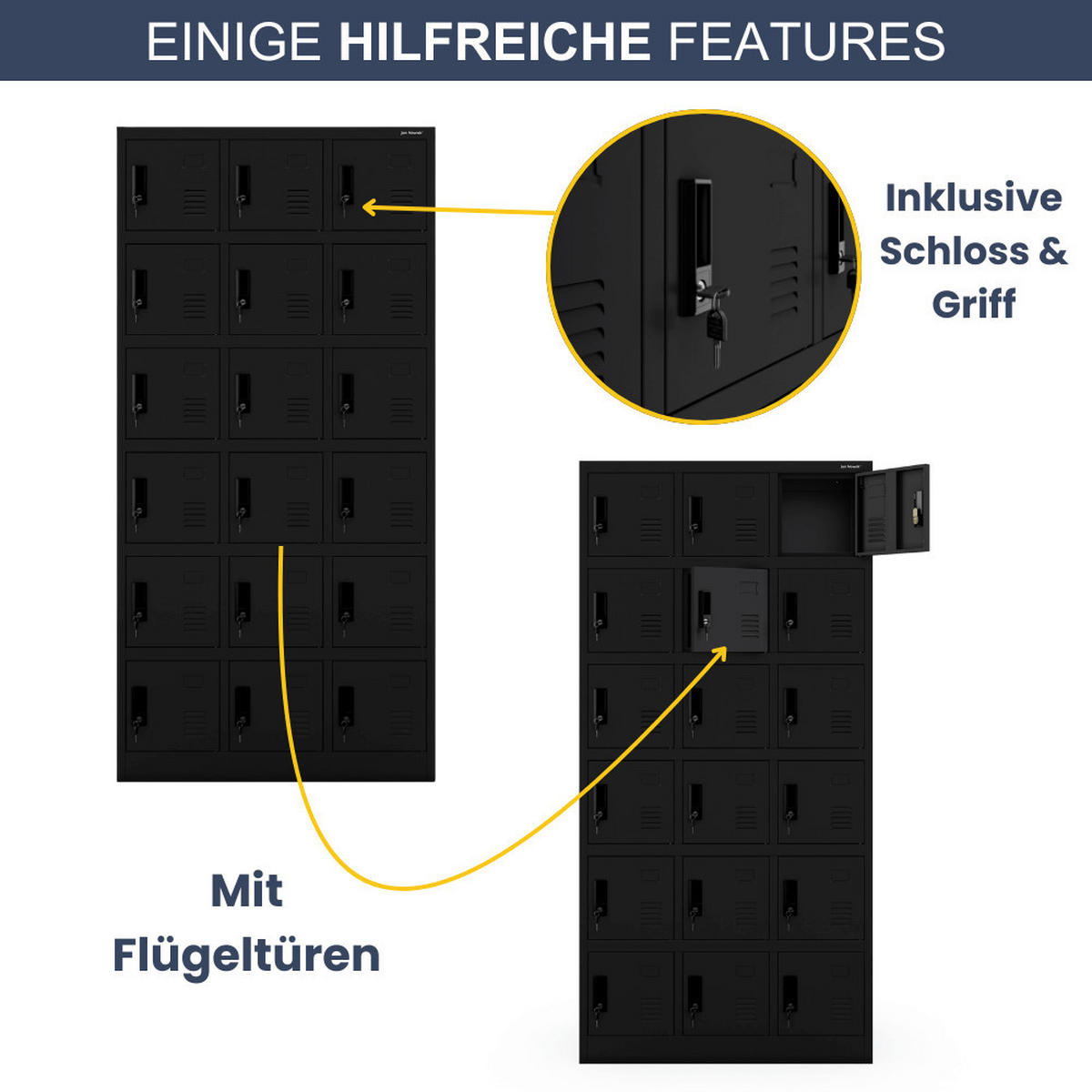 SCHLIESSFACHSCHRANK Spind BERN 18 Fächer185x90x40cm Schwarz - Schwarz, Metall (90/185/40cm) - DELUKE